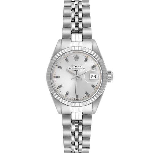 The Rolex Date watch is shown from a front angle, highlighting the dial, bezel, and bracelet.