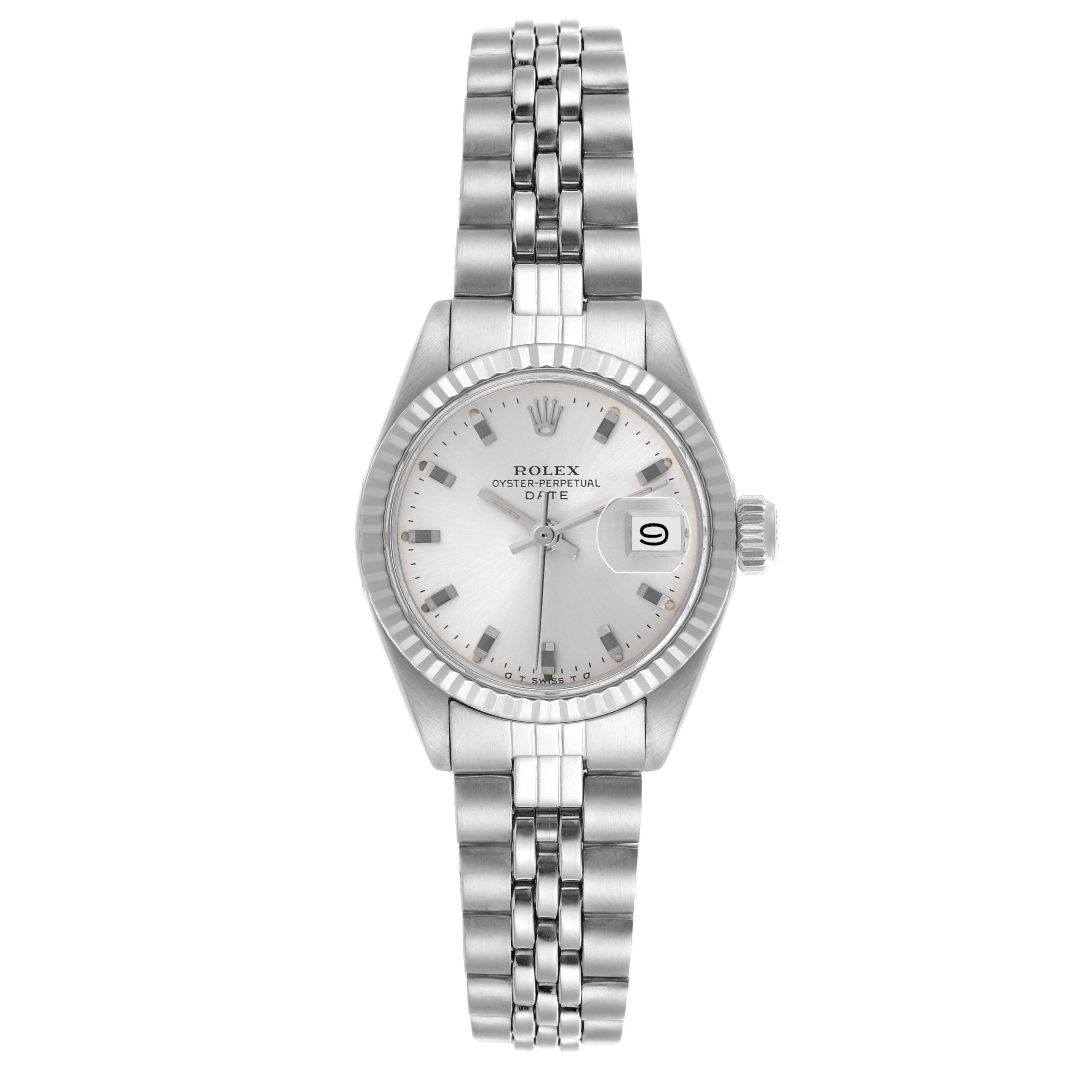 The Rolex Date 6917 Women's Stainless Steel Silver Dial 6917 Women's Stainless Steel Silver Dial watch is shown from a front angle, highlighting the dial, fluted bezel, and Jubilee bracelet.