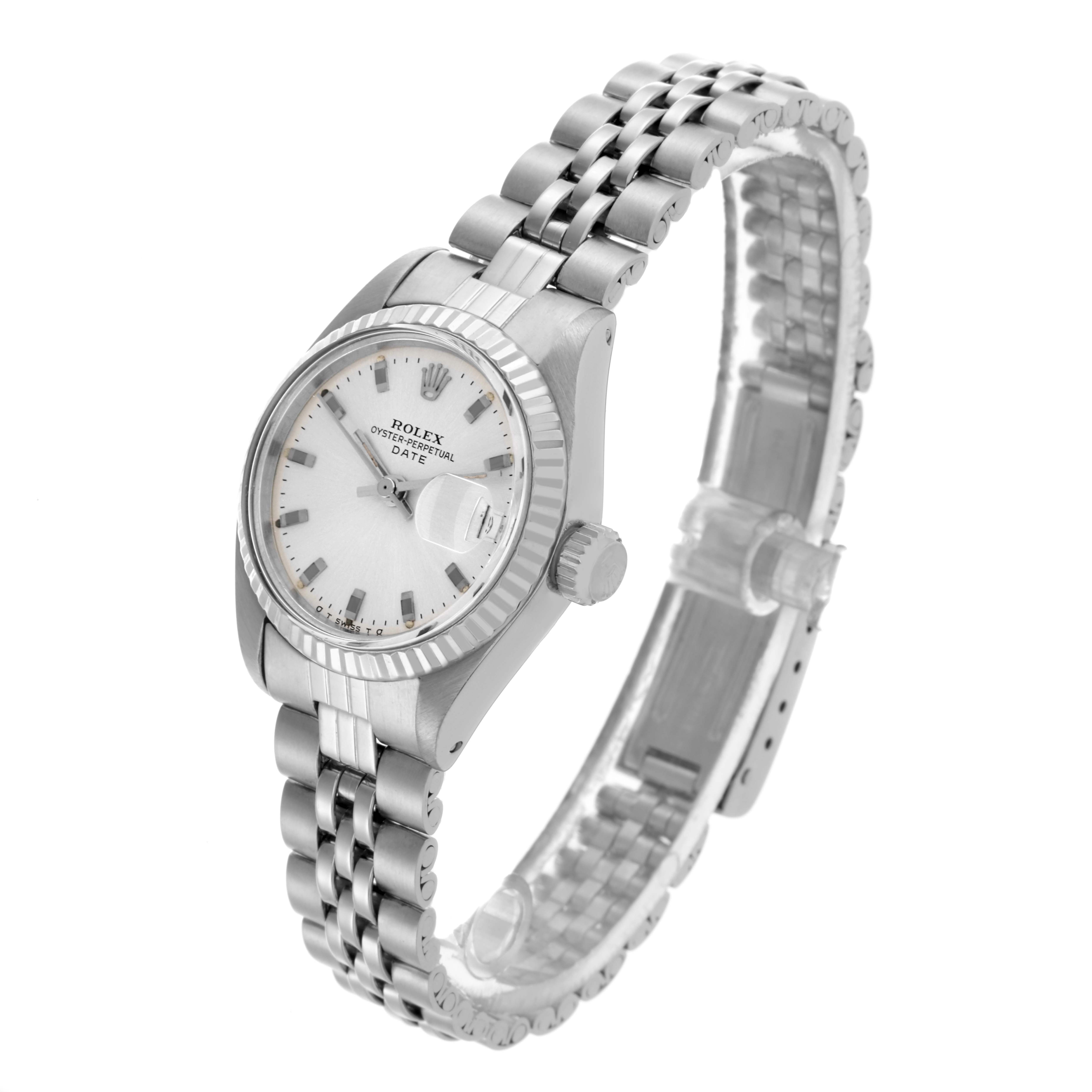 The Rolex Date 6917 Women's Stainless Steel Silver Dial 6917 Women's Stainless Steel Silver Dial model is shown at a three-quarter angle, displaying the face, bezel, crown, and part of the bracelet.