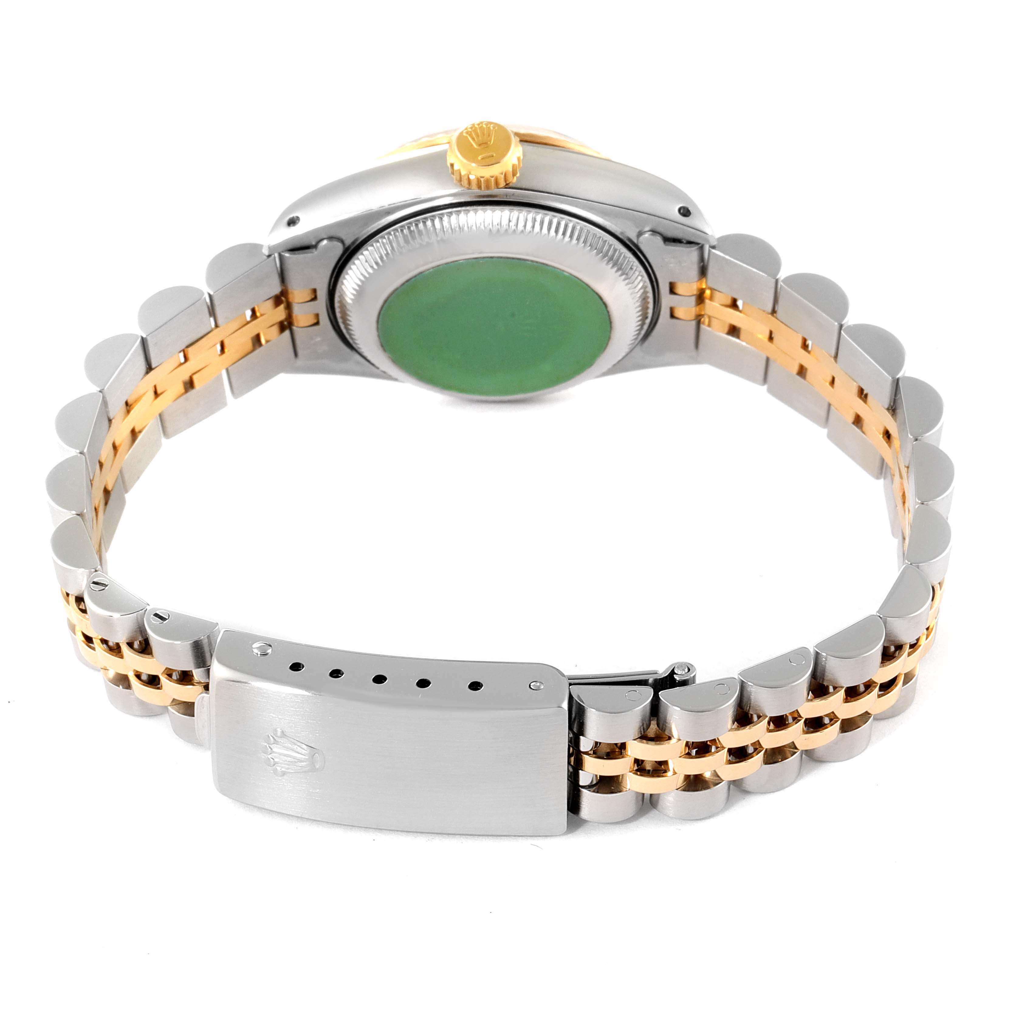 The image shows the back angle of a Rolex Datejust 69173 Women's Steel and Gold (two tone) Black Dial 69173 Women's Steel and Gold (two tone) Black Dial watch, focusing on its case back, crown, and two-tone bracelet.