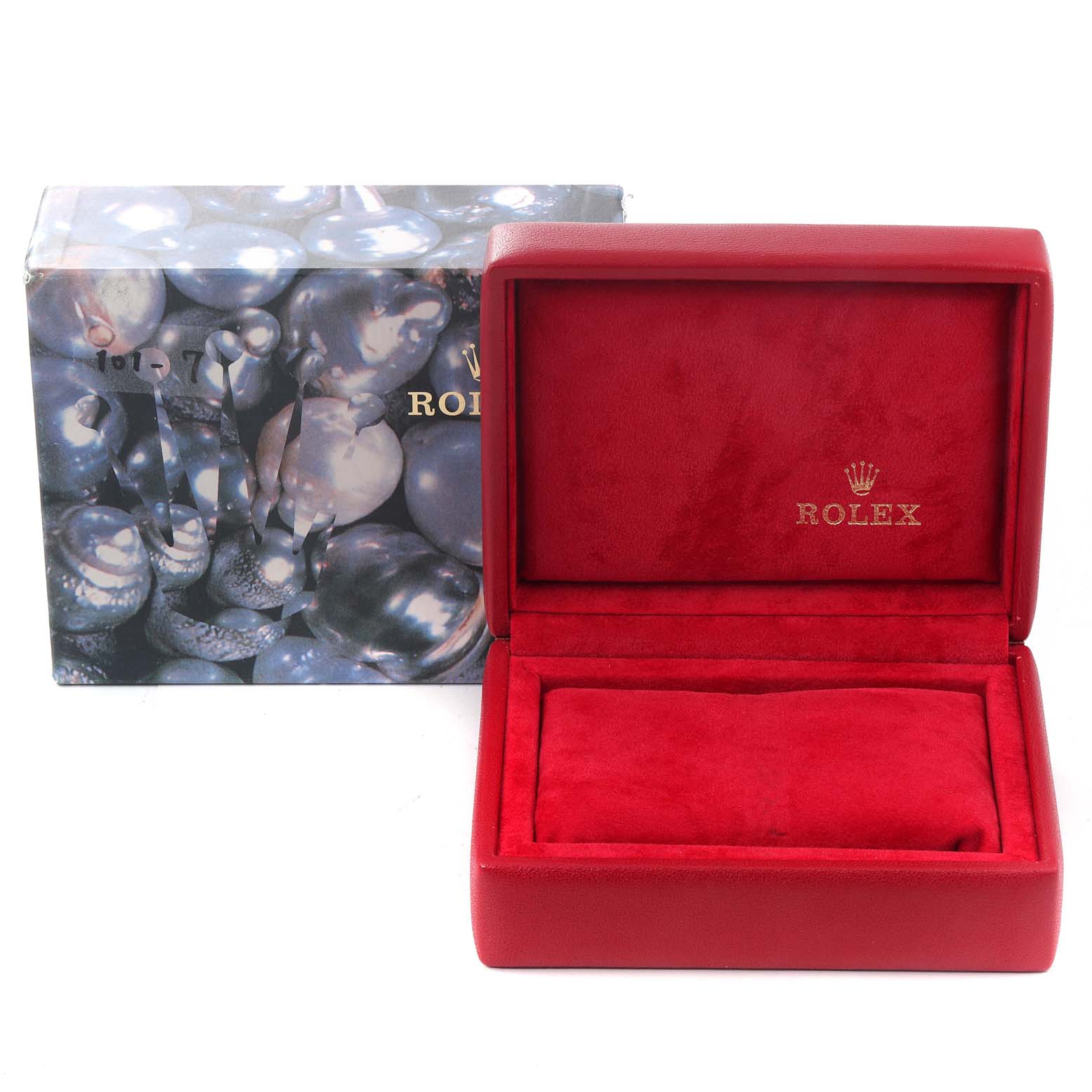 The image shows a red Rolex Datejust 69173 Women's Steel and Gold (two tone) Black Dial 69173 Women's Steel and Gold (two tone) Black Dial watch box with the outer packaging in the background.