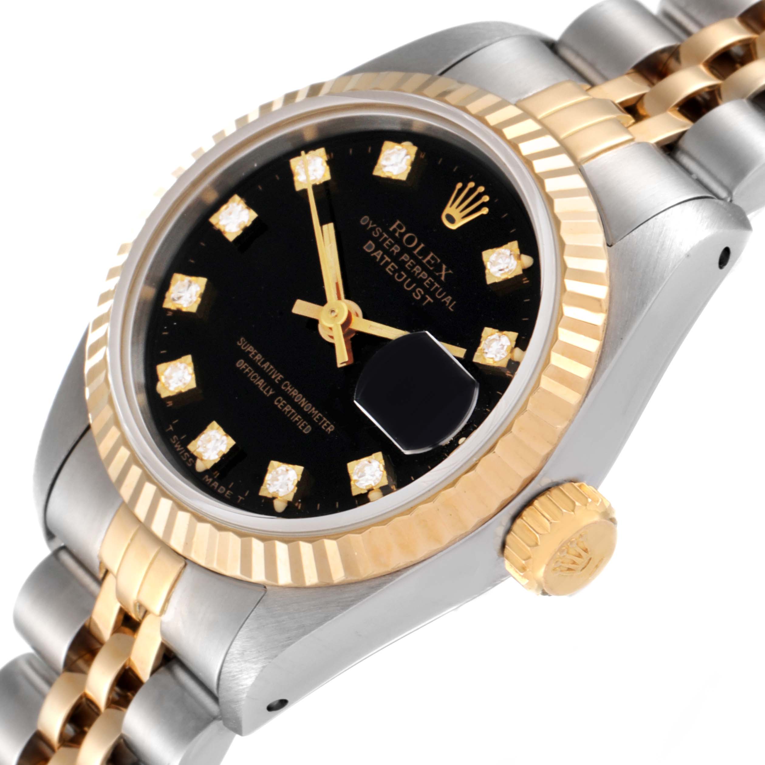 This image shows a close-up angled view of the Rolex Datejust 69173 Women's Steel and Gold (two tone) Black Dial 69173 Women's Steel and Gold (two tone) Black Dial watch, highlighting the bezel, dial, and part of the bracelet.
