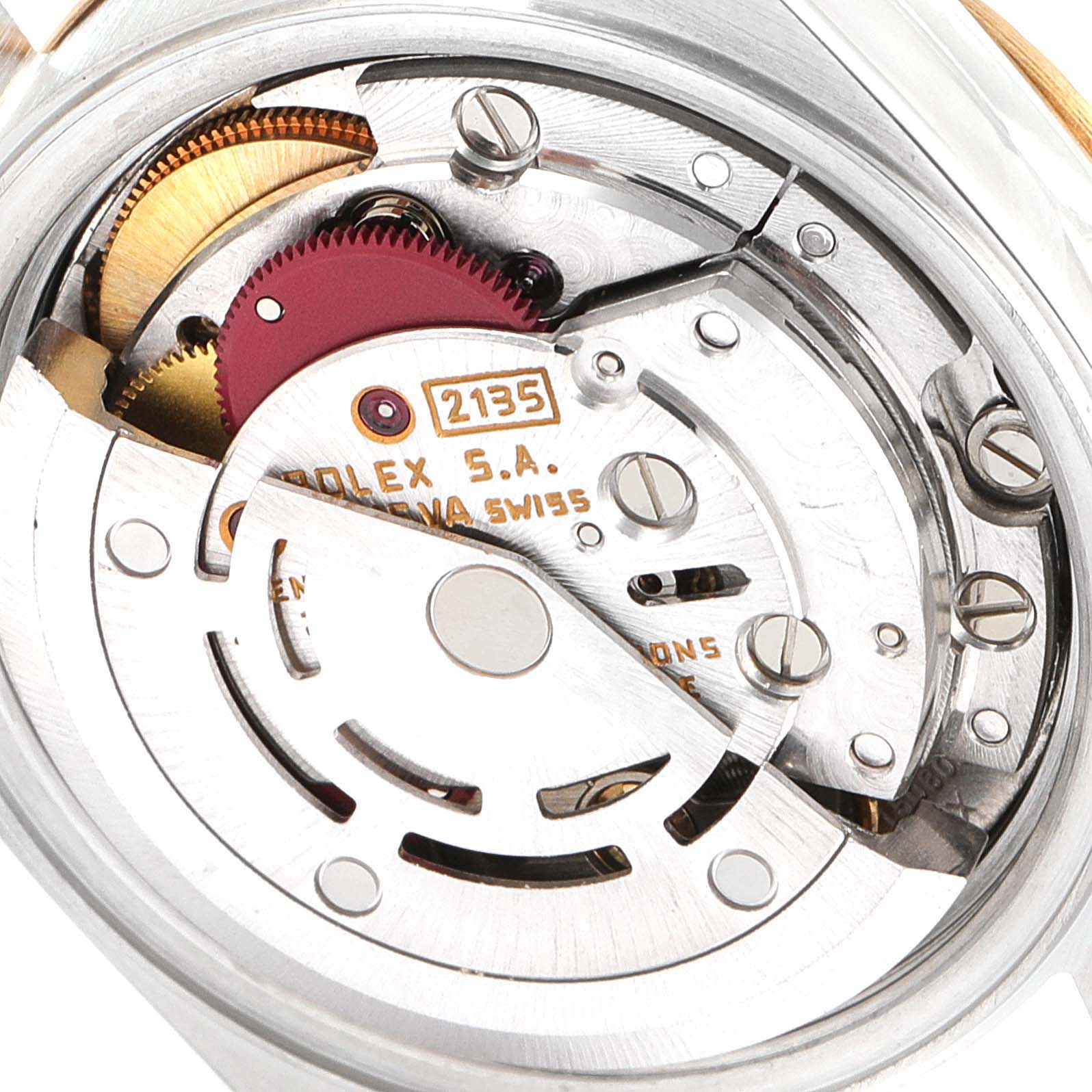 Close-up view of the movement mechanism of a Rolex Datejust 69173 Women's Steel and Gold (two tone) Black Dial 69173 Women's Steel and Gold (two tone) Black Dial watch.