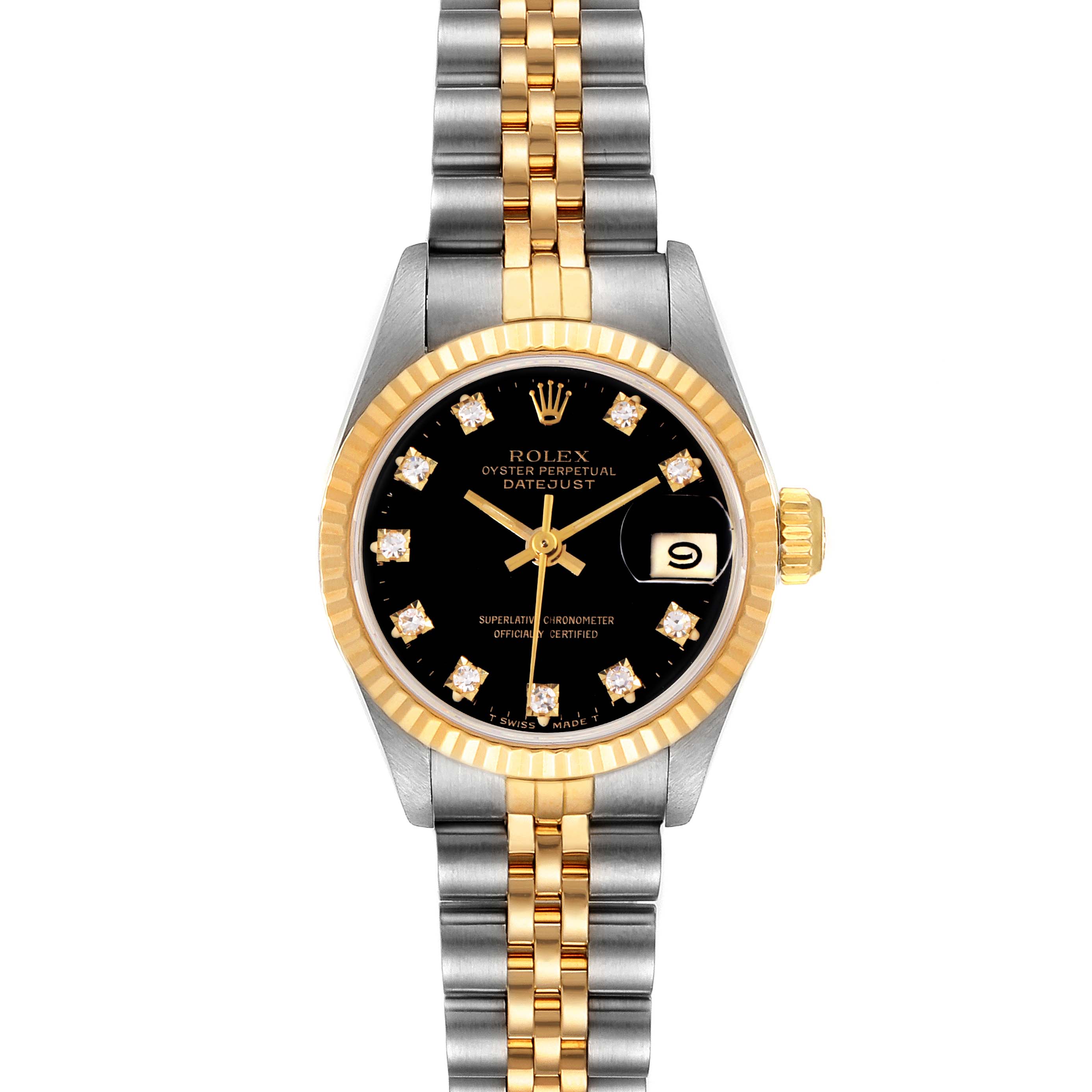 The image shows a frontal view of a Rolex Datejust 69173 Women's Steel and Gold (two tone) Black Dial 69173 Women's Steel and Gold (two tone) Black Dial watch, highlighting the face, bezel, and two-tone bracelet.