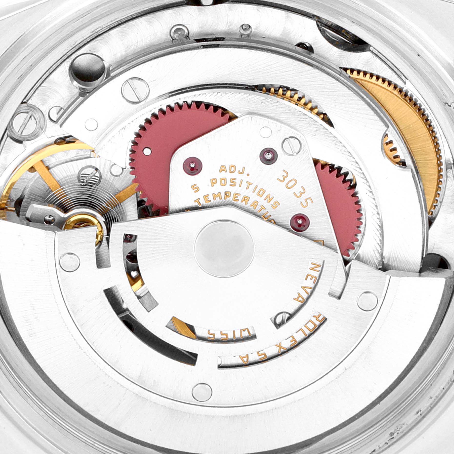 The image shows a close-up view of the intricate internal mechanism of a Rolex Vintage Collection 16013 Men's Steel and Gold (two tone) Silver Dial 16013 Men's Steel and Gold (two tone) Silver Dial model watch.