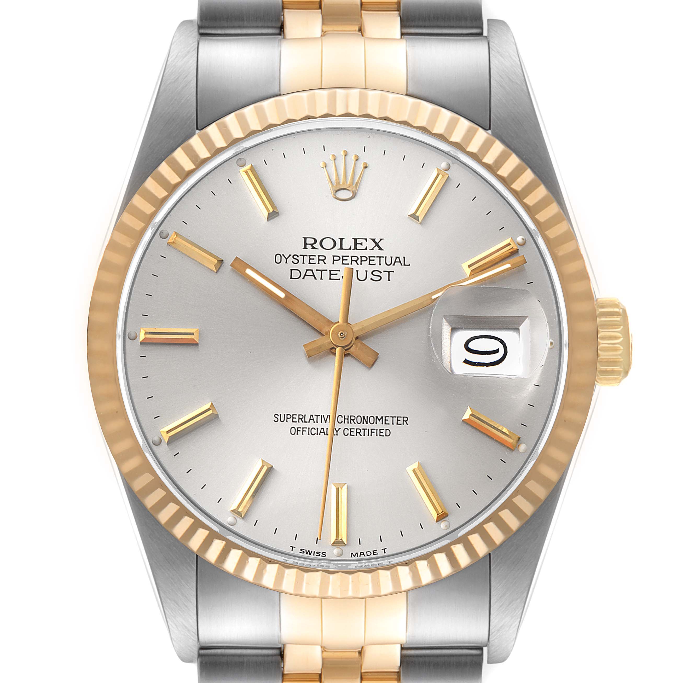 The image shows a frontal view of the Rolex Vintage Collection 16013 Men's Steel and Gold (two tone) Silver Dial 16013 Men's Steel and Gold (two tone) Silver Dial Oyster Perpetual Datejust watch, featuring its dial, bezel, and part of the bracelet.