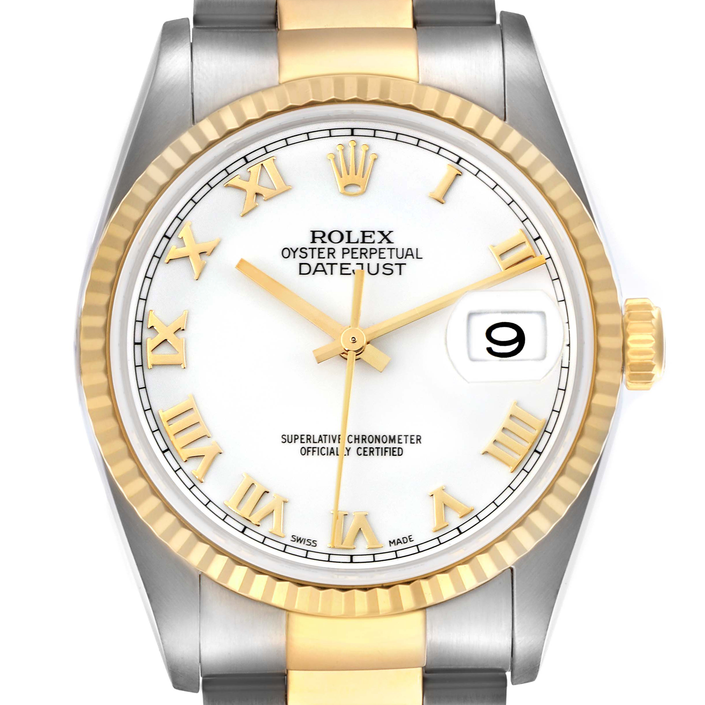 The Rolex Datejust 16233 Men's Steel and Gold (two tone) White Dial 16233 Men's Steel and Gold (two tone) White Dial watch is shown from the front, highlighting its face, bezel, and part of the bracelet.