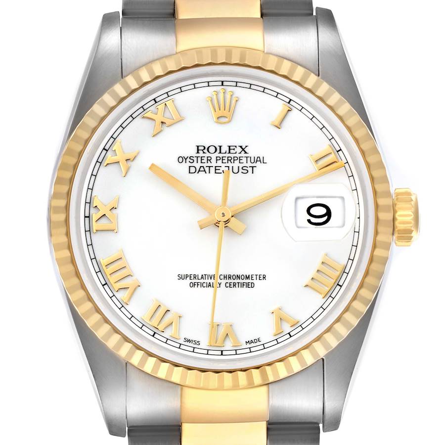 The Rolex Datejust watch is shown from the front, highlighting its face, bezel, and part of the bracelet.