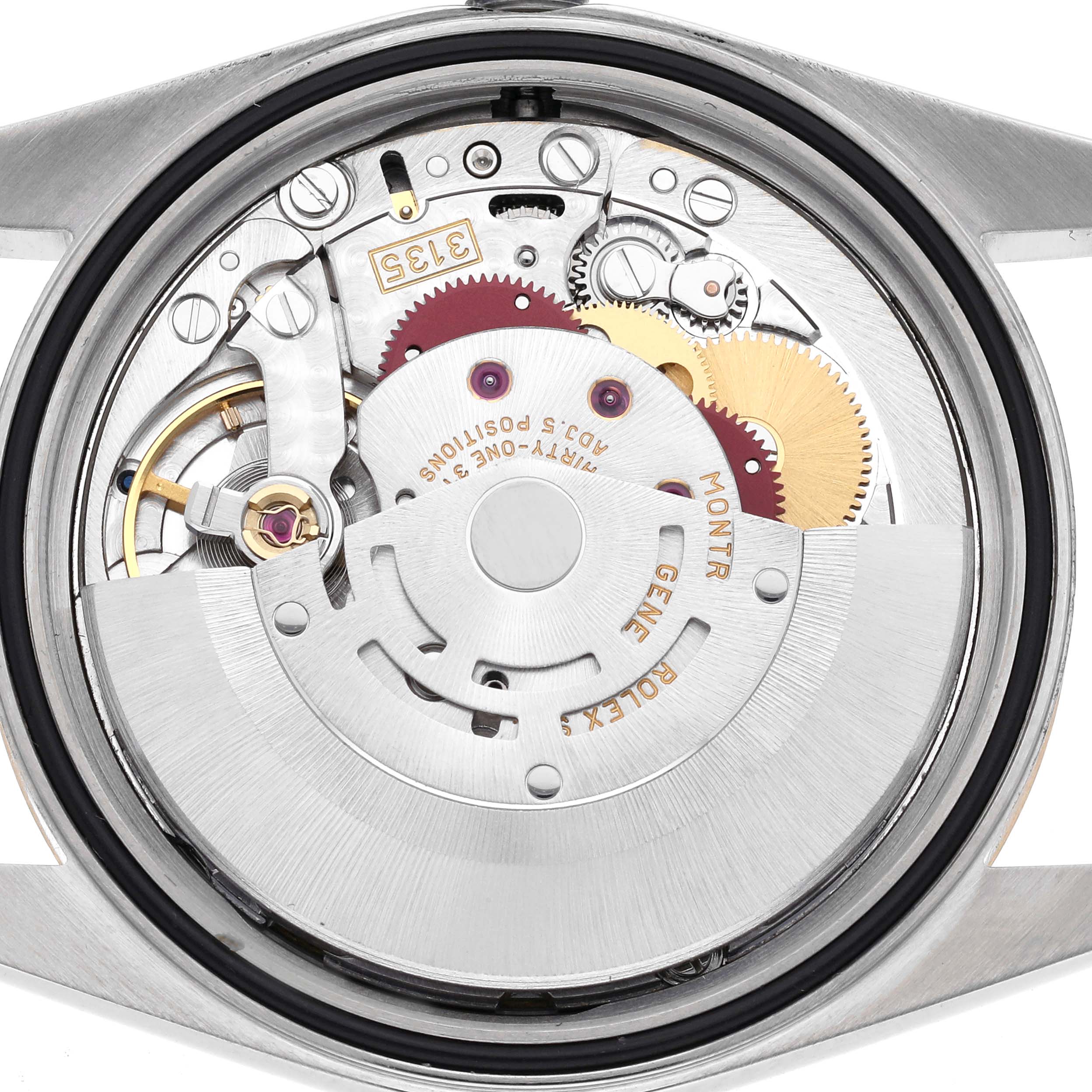 The image shows the back view of a Rolex Datejust 16233 Men's Steel and Gold (two tone) White Dial 16233 Men's Steel and Gold (two tone) White Dial, displaying its intricate internal movement and mechanism.