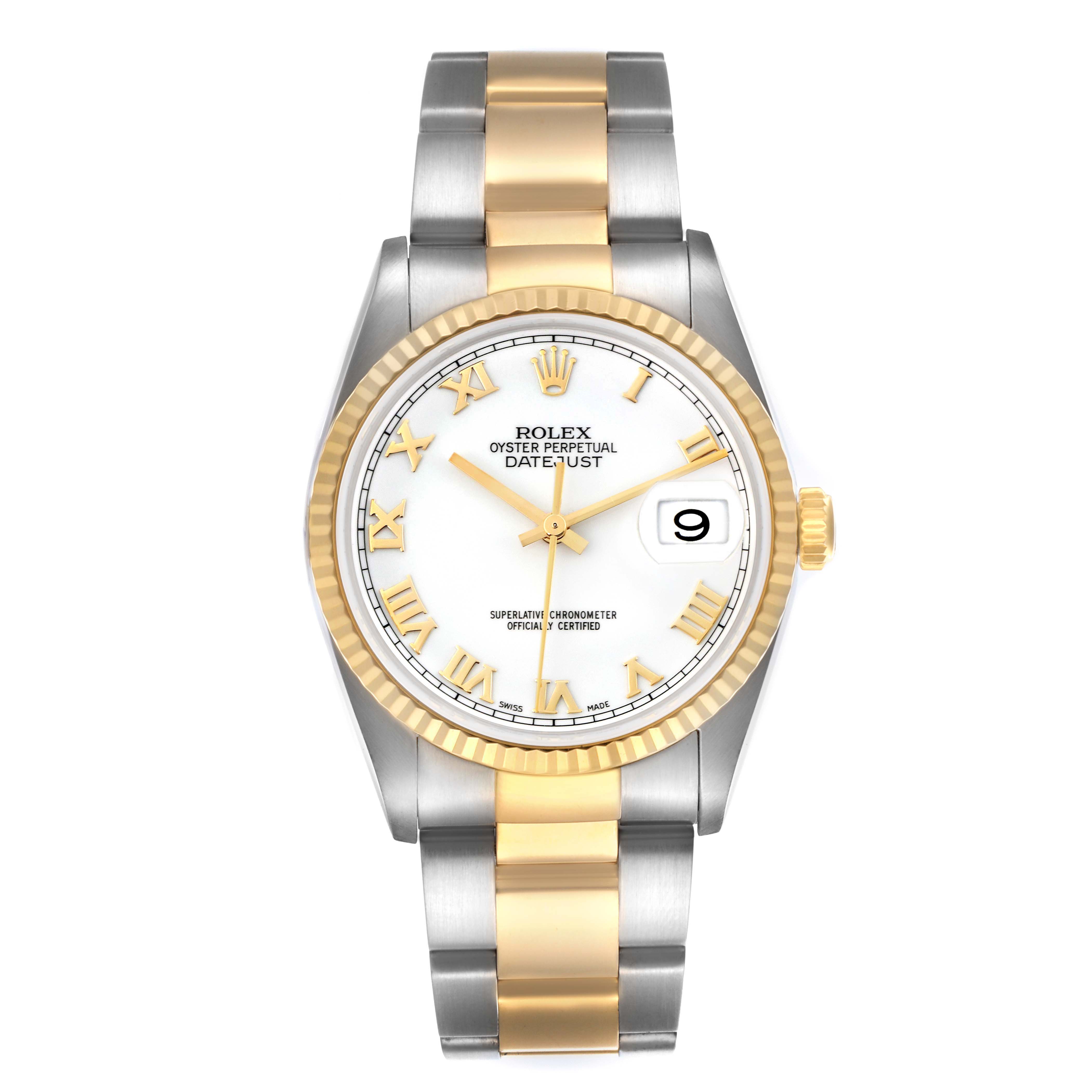 The Rolex Datejust 16233 Men's Steel and Gold (two tone) White Dial 16233 Men's Steel and Gold (two tone) White Dial watch is shown from the front, displaying the face, bezel, and part of the bracelet.