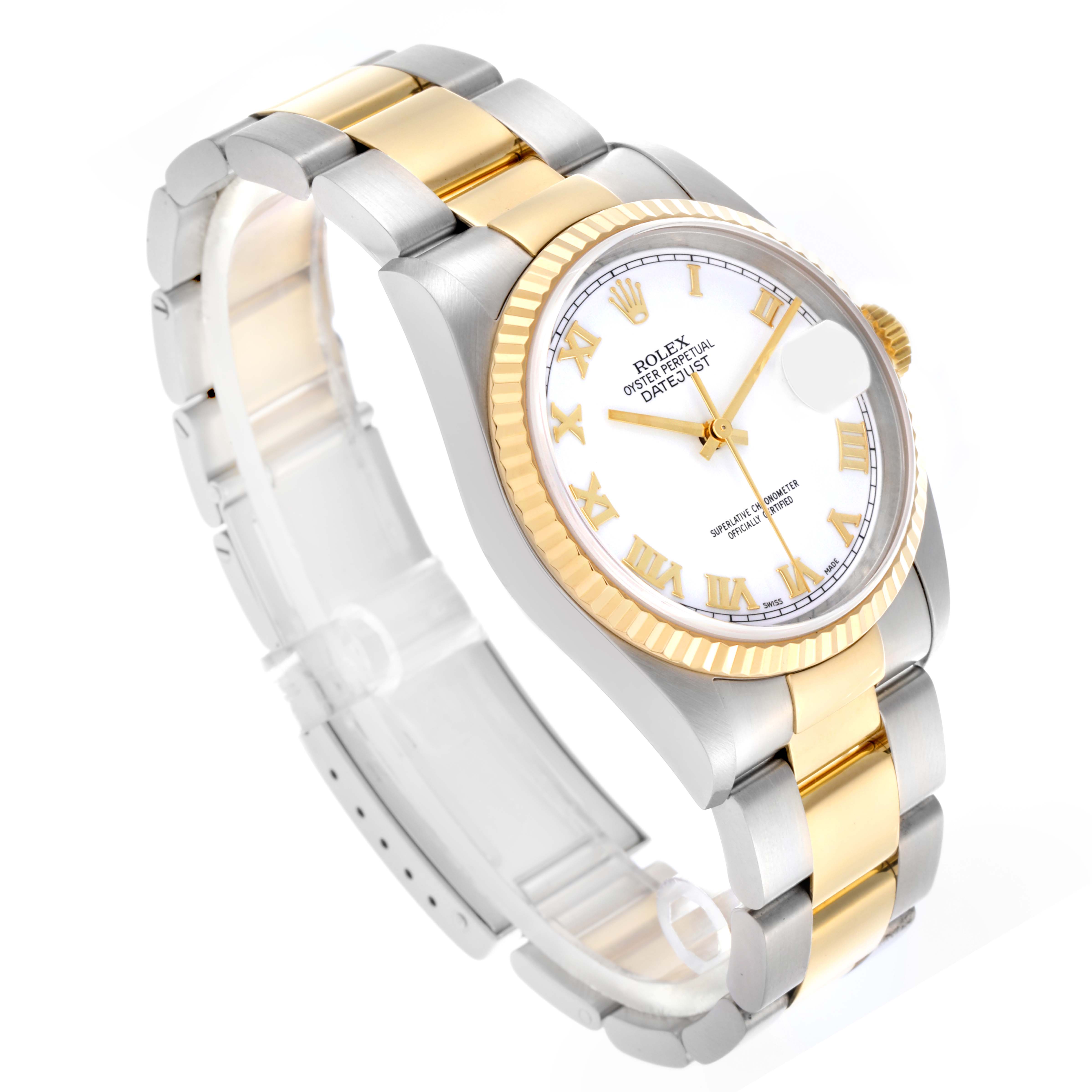 The Rolex Datejust 16233 Men's Steel and Gold (two tone) White Dial 16233 Men's Steel and Gold (two tone) White Dial watch is shown at a slight angle, highlighting the dial, two-tone bracelet, bezel, and crown.