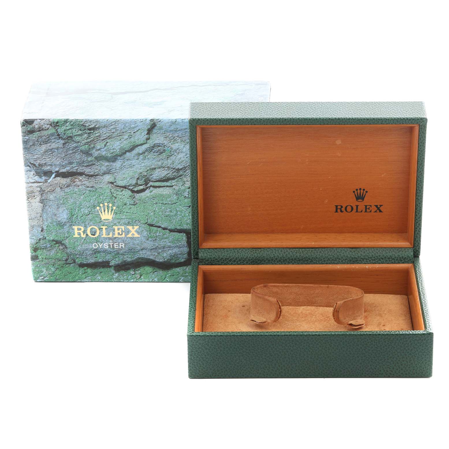 The image shows an open Rolex Datejust 16233 Men's Steel and Gold (two tone) White Dial 16233 Men's Steel and Gold (two tone) White Dial box and packaging from a front angle, revealing the watch's storage space.