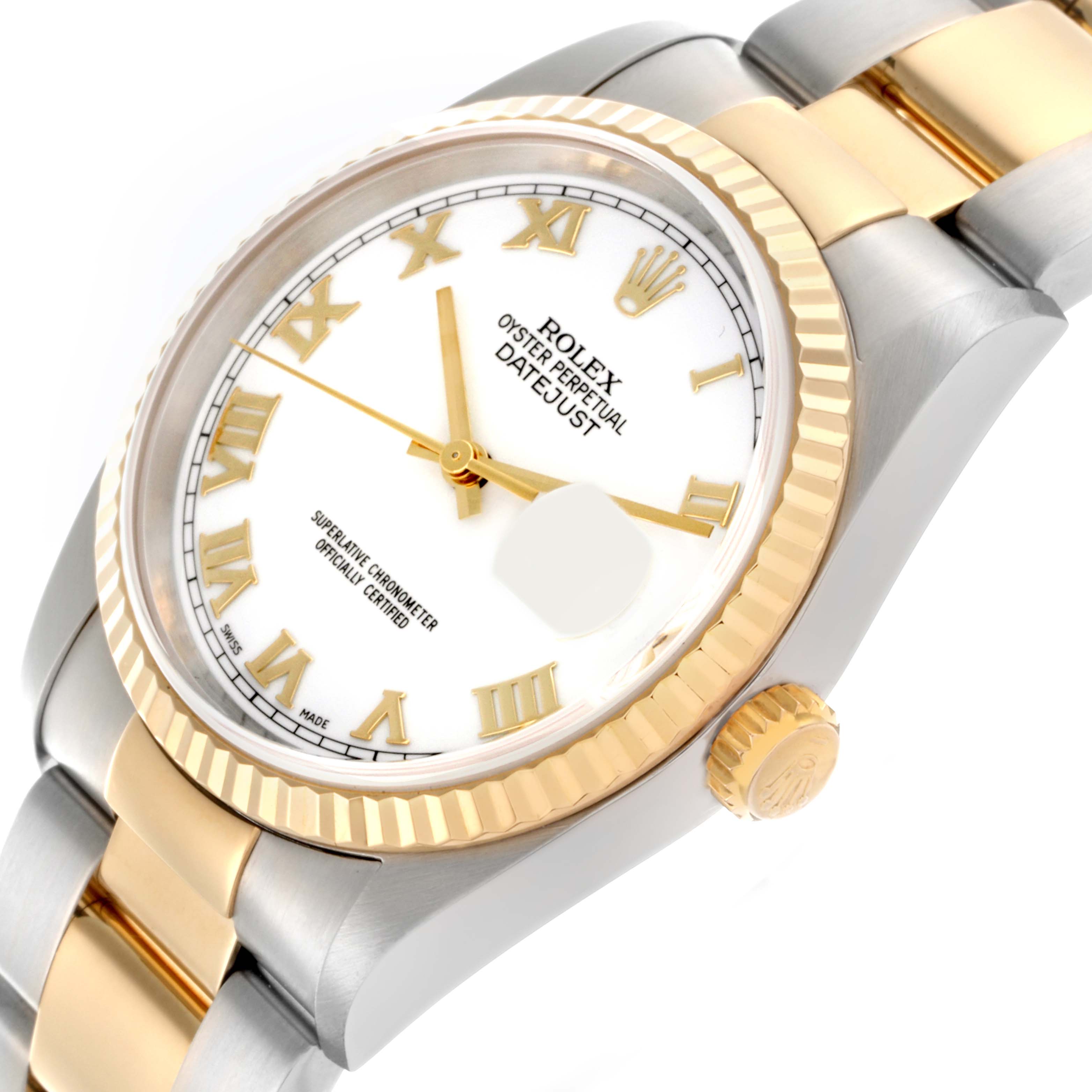 The Rolex Datejust 16233 Men's Steel and Gold (two tone) White Dial 16233 Men's Steel and Gold (two tone) White Dial watch is shown at an angled view highlighting the dial, fluted bezel, crown, and part of the bracelet.
