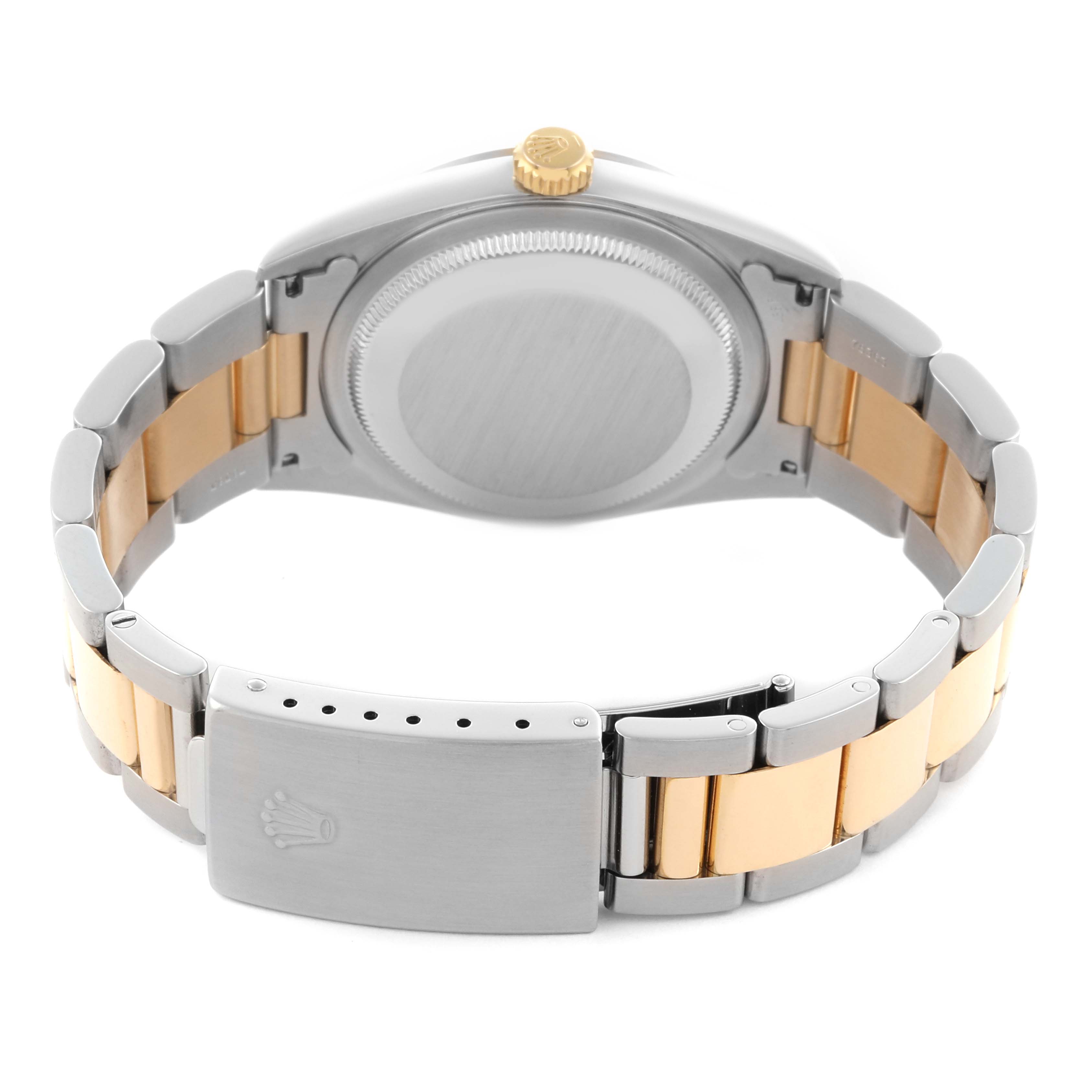 The image shows the back view of a Rolex Datejust 16233 Men's Steel and Gold (two tone) White Dial 16233 Men's Steel and Gold (two tone) White Dial watch, focusing on the case back and two-tone bracelet.