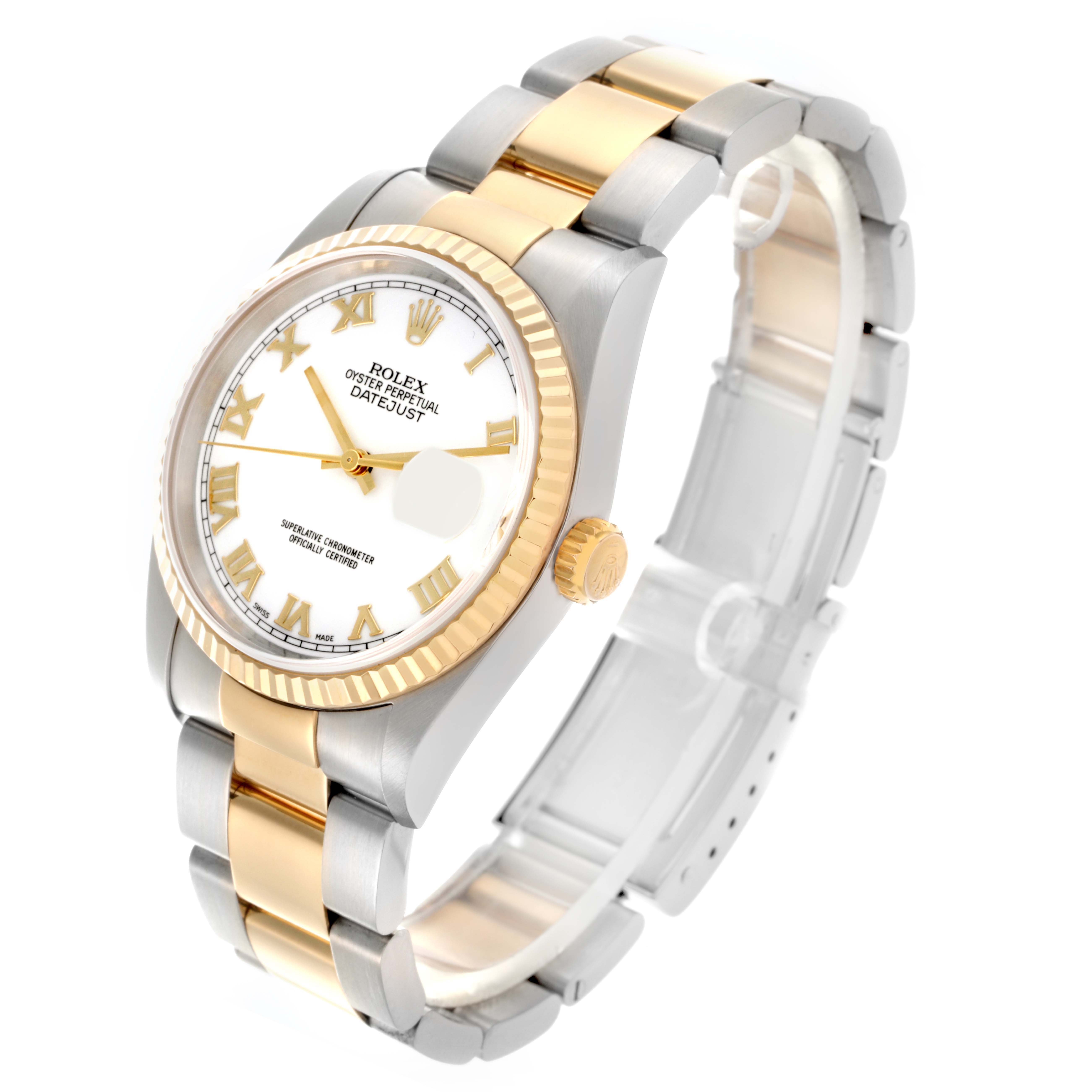 The Rolex Datejust 16233 Men's Steel and Gold (two tone) White Dial 16233 Men's Steel and Gold (two tone) White Dial watch is shown at a three-quarter angle, highlighting the face, bezel, crown, and two-tone bracelet.