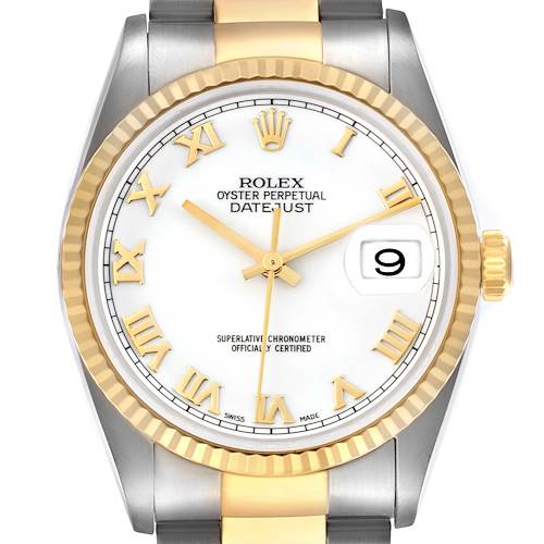 The Rolex Datejust watch is shown from a top-down angle, highlighting the face, bezel, and part of the bracelet.