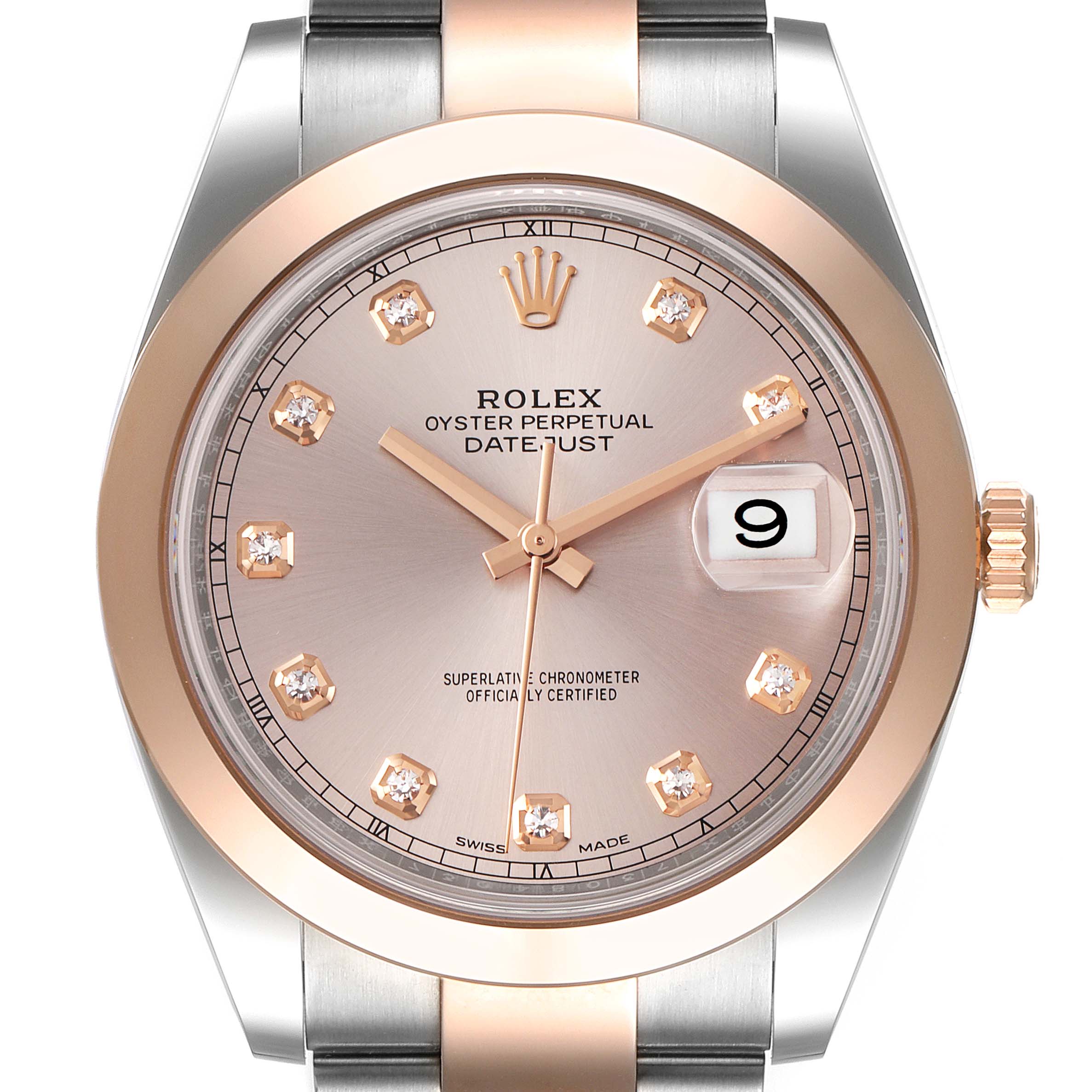 The image shows a Rolex Datejust 41 126301 Men's Steel and Gold (two tone) Pink Dial 126301 Men's Steel and Gold (two tone) Pink Dial watch facing forward, highlighting the dial, crown, and part of the bracelet.