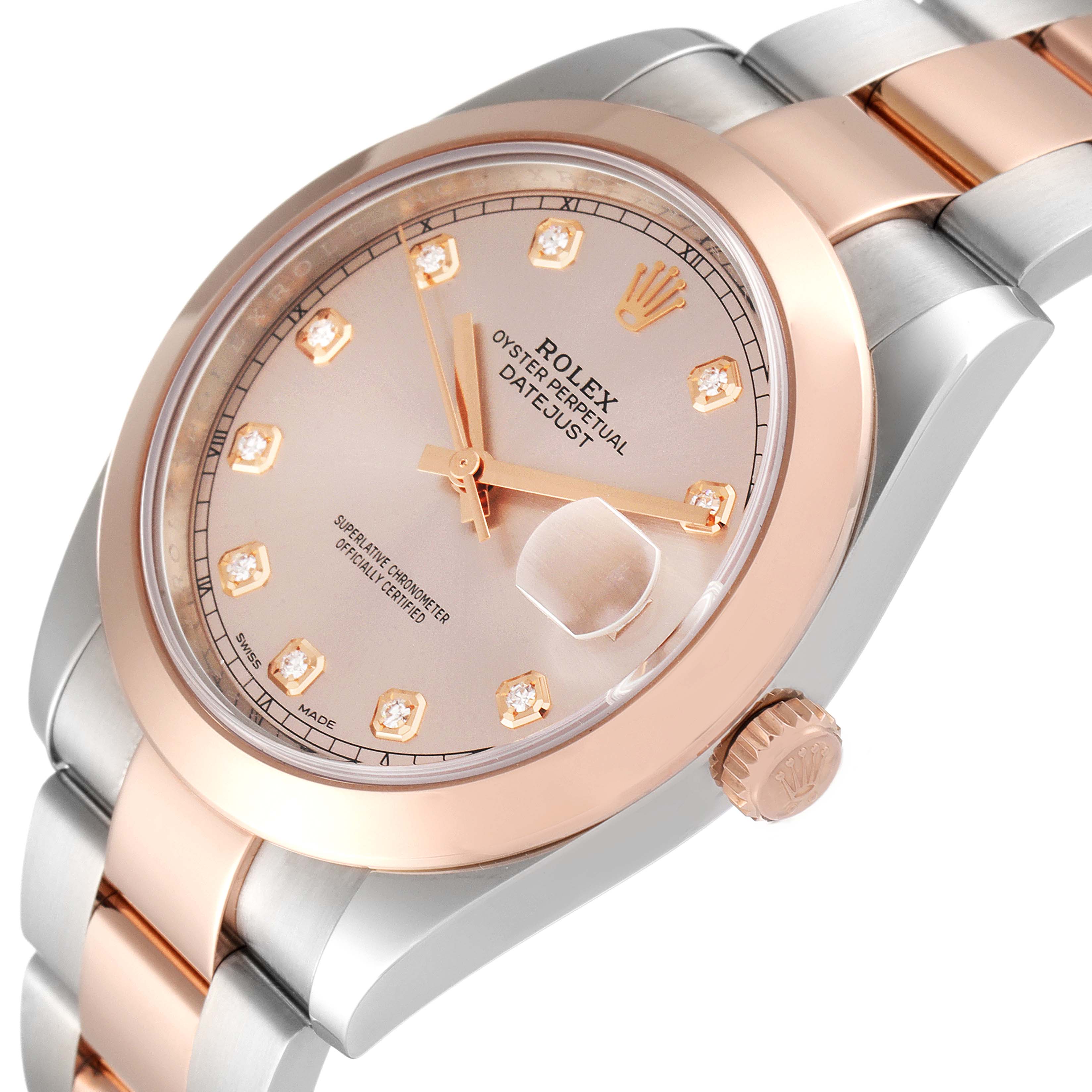 The image shows a close-up side angle of the Rolex Datejust 41 126301 Men's Steel and Gold (two tone) Pink Dial 126301 Men's Steel and Gold (two tone) Pink Dial, highlighting the dial, bezel, and crown.