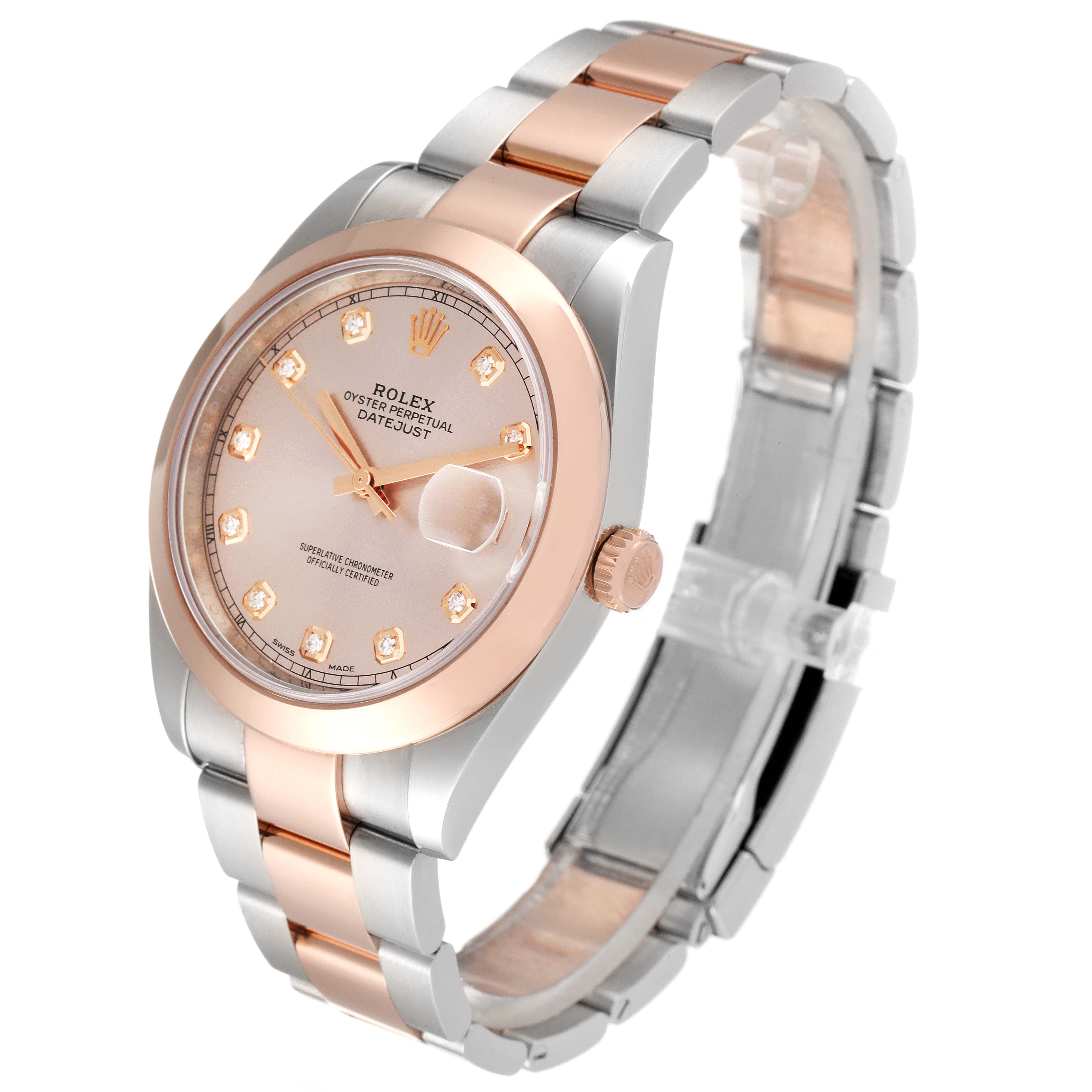 This image shows a Rolex Datejust 41 126301 Men's Steel and Gold (two tone) Pink Dial 126301 Men's Steel and Gold (two tone) Pink Dial watch from a three-quarter angle, highlighting its rose gold bezel and two-tone bracelet.