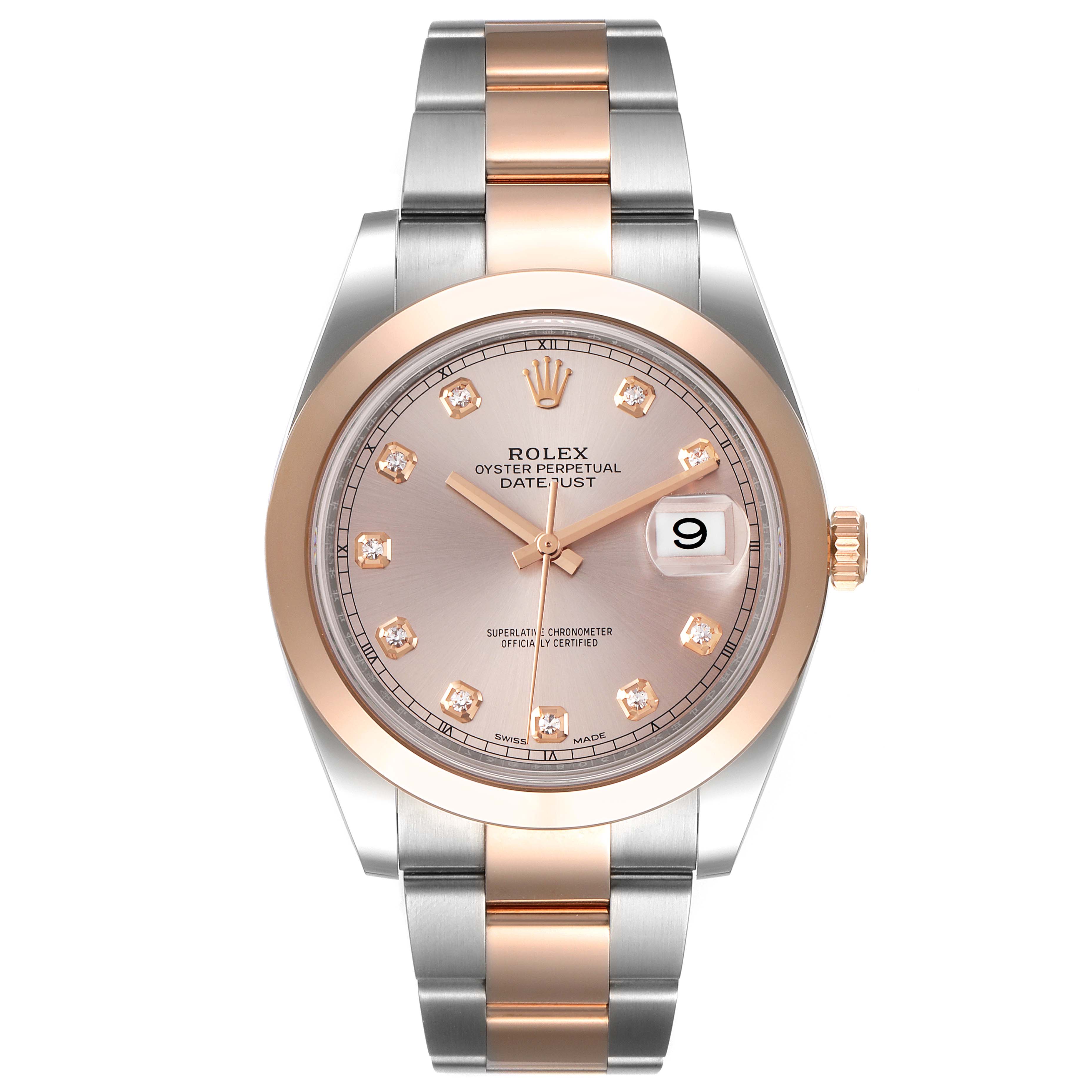 The Rolex Datejust 41 126301 Men's Steel and Gold (two tone) Pink Dial 126301 Men's Steel and Gold (two tone) Pink Dial model is shown from a front angle, highlighting its dial, case, bracelet, and crown.