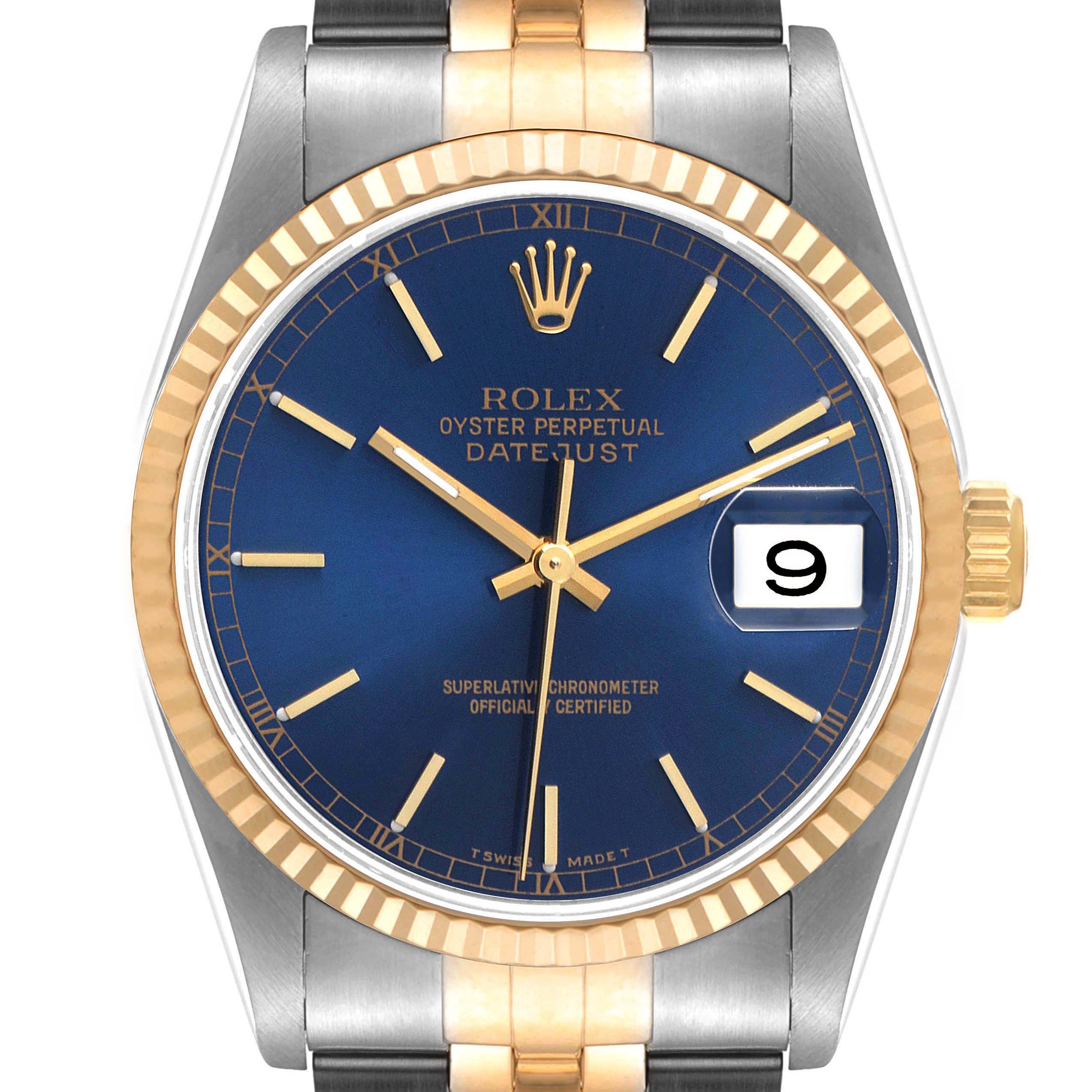 This image shows a frontal view of a Rolex Datejust 16233 Men's Steel and Gold (two tone) Blue Dial 16233 Men's Steel and Gold (two tone) Blue Dial watch, displaying the dial, hands, date window, bezel, and part of the bracelet.
