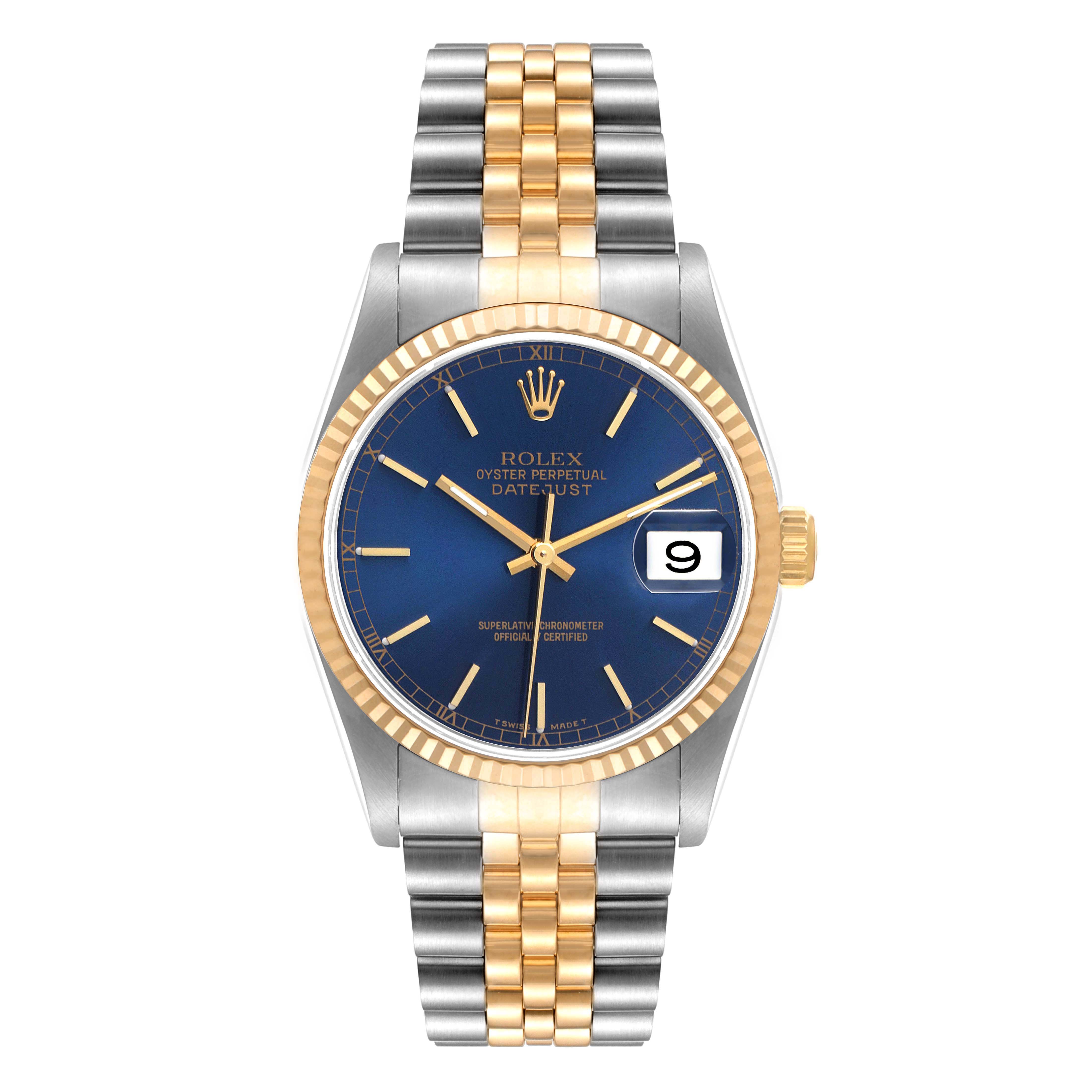 This Rolex Datejust 16233 Men's Steel and Gold (two tone) Blue Dial 16233 Men's Steel and Gold (two tone) Blue Dial watch is shown from a front angle, displaying its blue dial, gold bezel, and two-tone bracelet.