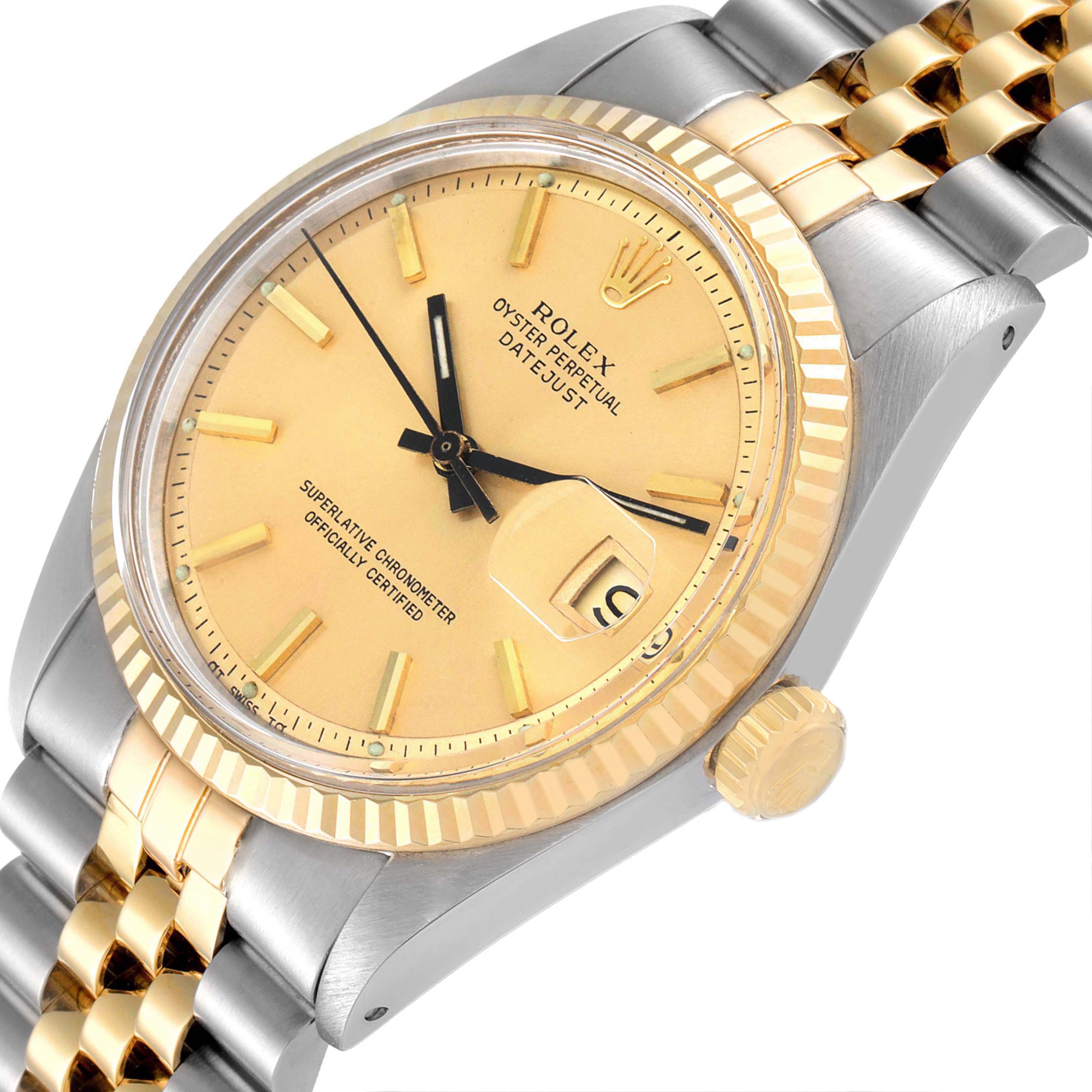 The image shows a close-up view of the Rolex Vintage Collection 1601 Men's Steel and Gold (two tone) Champagne Dial 1601 Men's Steel and Gold (two tone) Champagne Dial Datejust, highlighting the dial, bezel, crown, and bracelet.