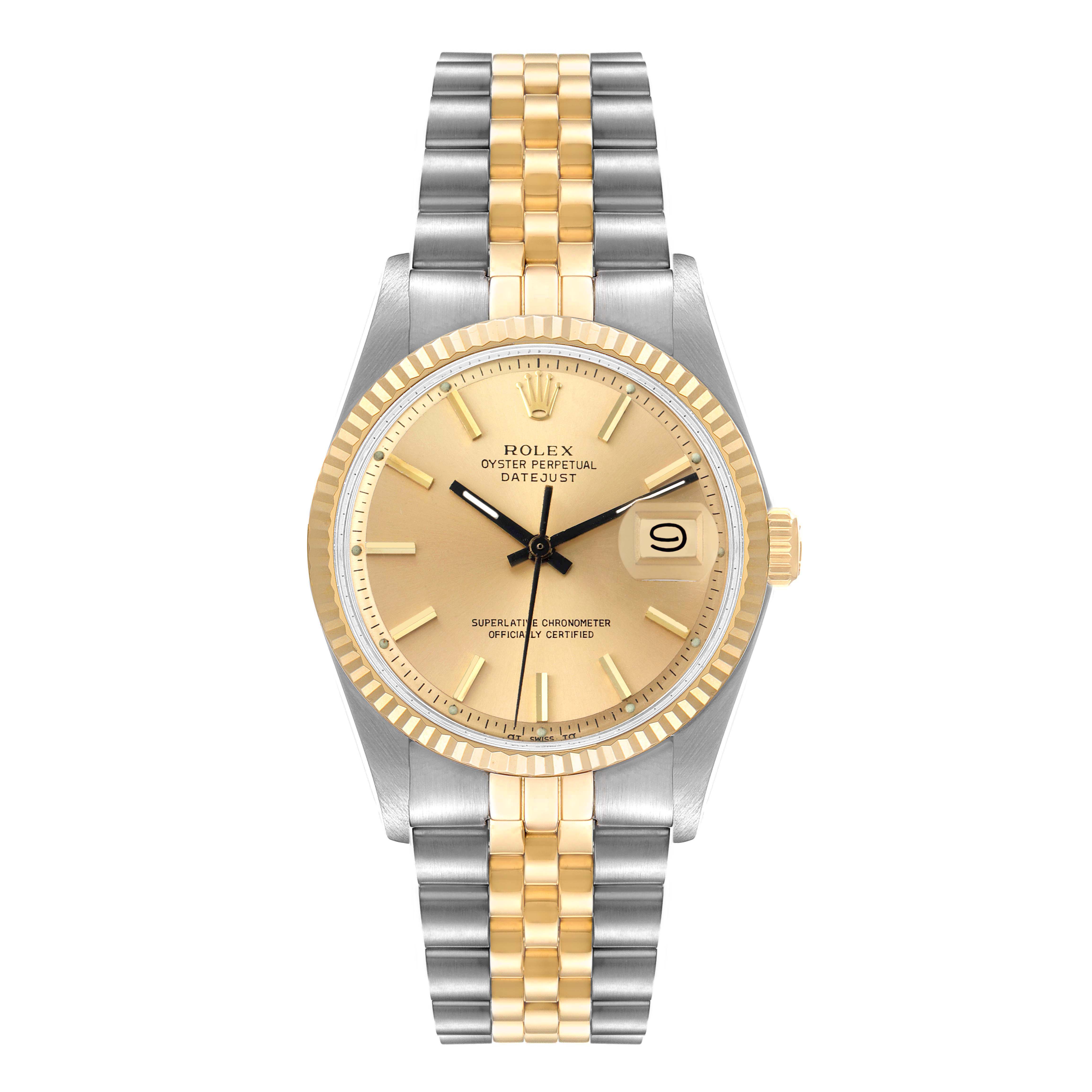 The image shows a front view of the Rolex Vintage Collection 1601 Men's Steel and Gold (two tone) Champagne Dial 1601 Men's Steel and Gold (two tone) Champagne Dial Datejust watch, highlighting its gold dial, date window, and two-tone bracelet.