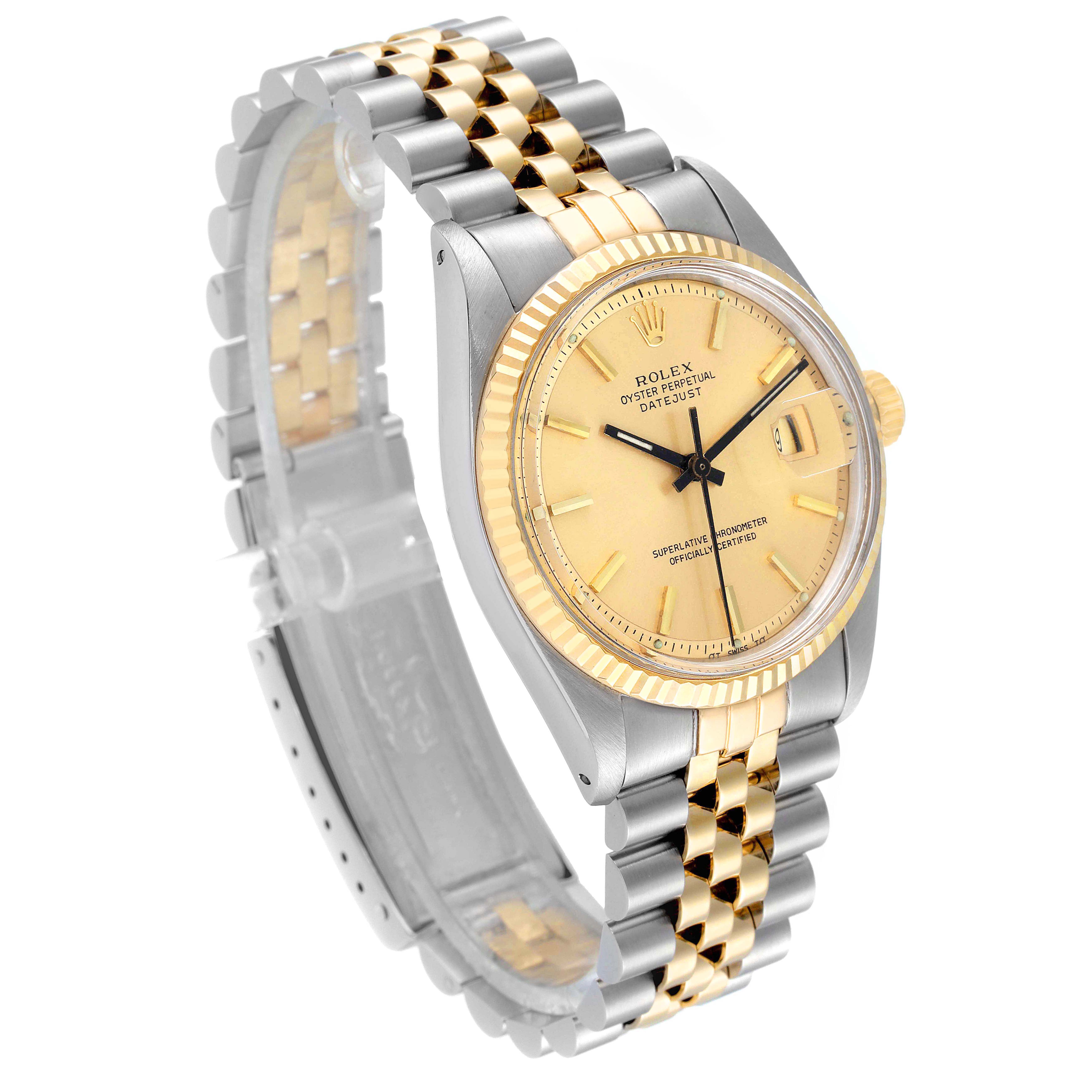This image shows a Rolex Vintage Collection 1601 Men's Steel and Gold (two tone) Champagne Dial 1601 Men's Steel and Gold (two tone) Champagne Dial watch at a three-quarter angle, displaying the face, case, and bracelet.