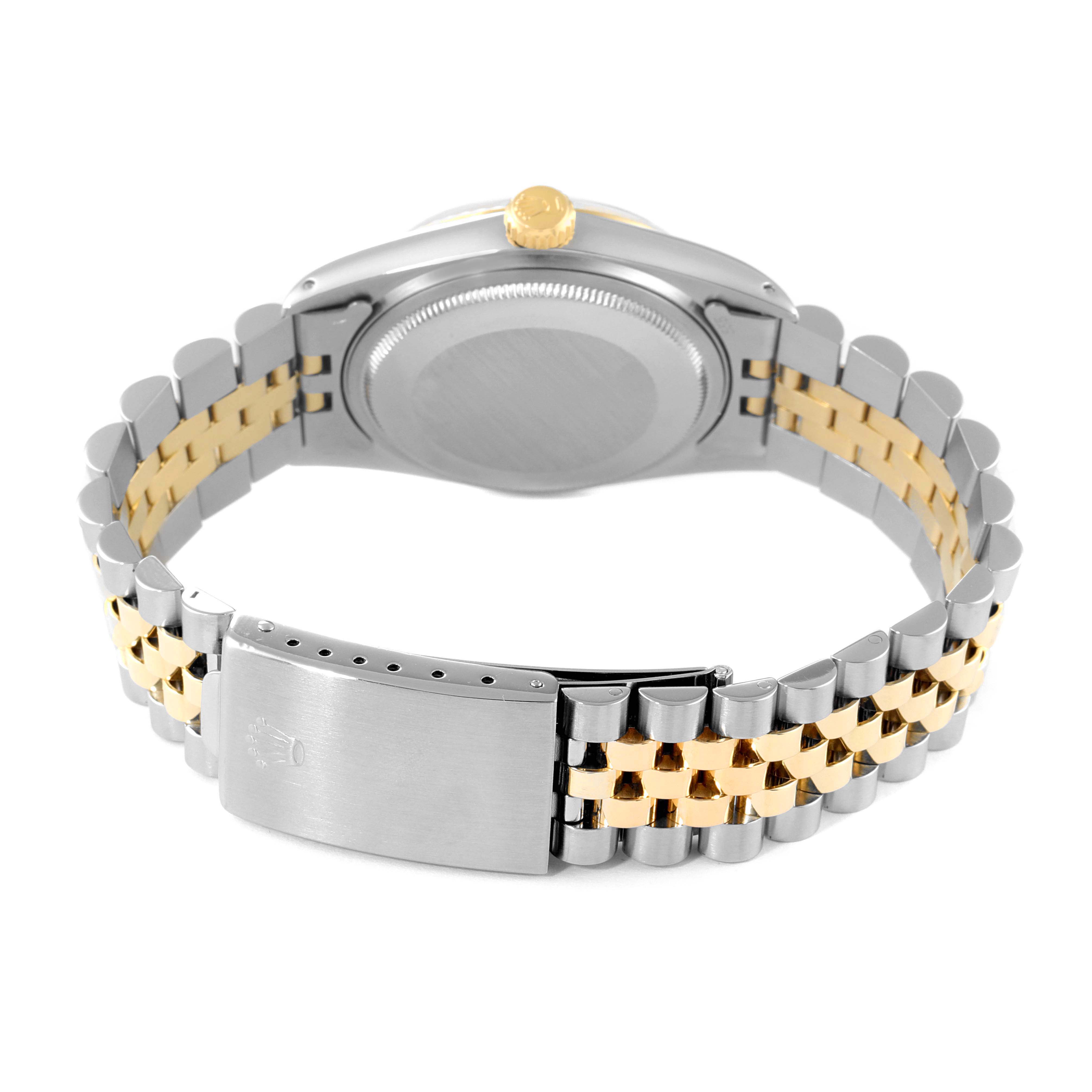 The image shows the back view of a Rolex Vintage Collection 1601 Men's Steel and Gold (two tone) Champagne Dial 1601 Men's Steel and Gold (two tone) Champagne Dial watch, highlighting the case back, crown, and two-tone bracelet with clasp.