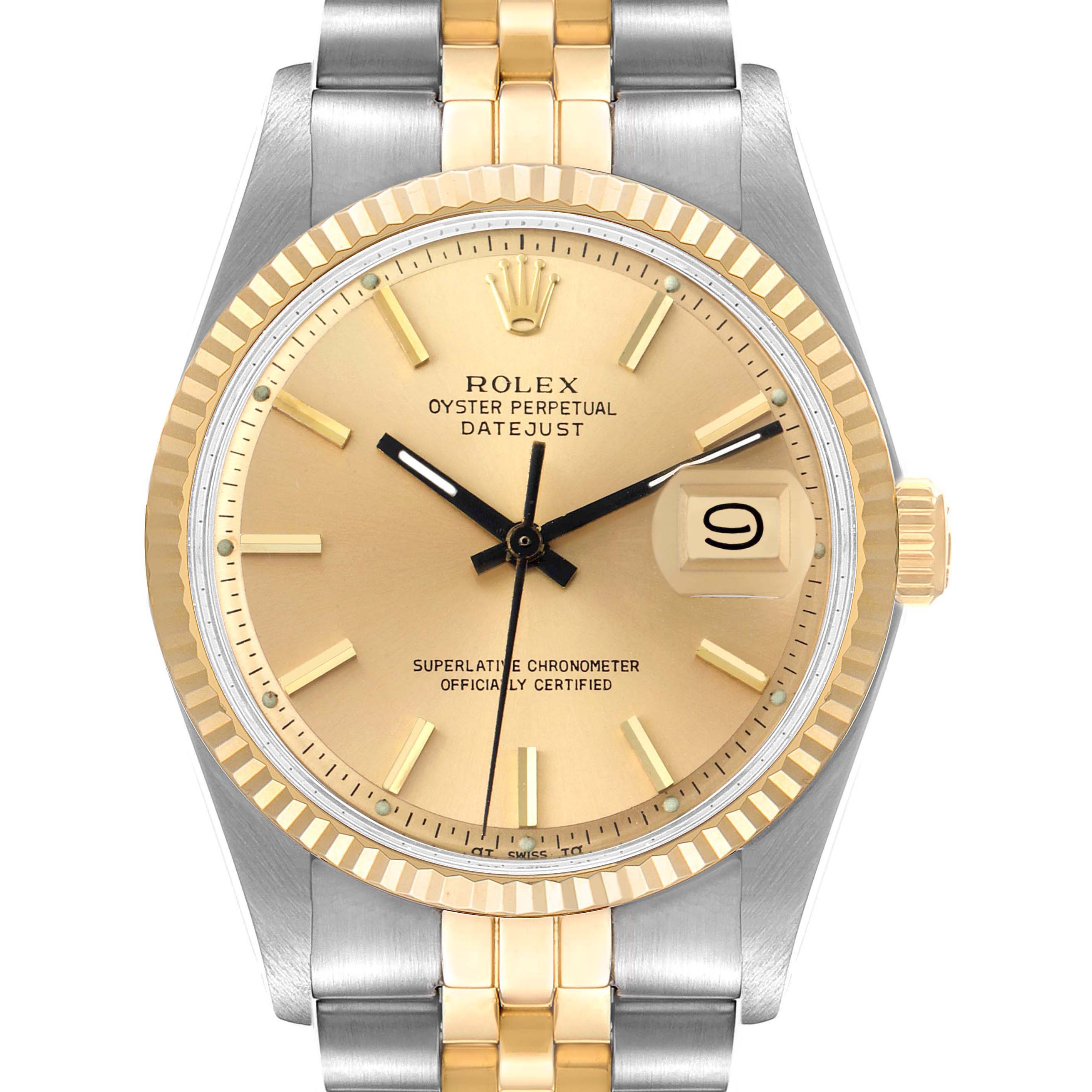 The image shows a front view of a Rolex Vintage Collection 1601 Men's Steel and Gold (two tone) Champagne Dial 1601 Men's Steel and Gold (two tone) Champagne Dial Oyster Perpetual Datejust watch, highlighting the dial, bezel, and part of the bracelet.