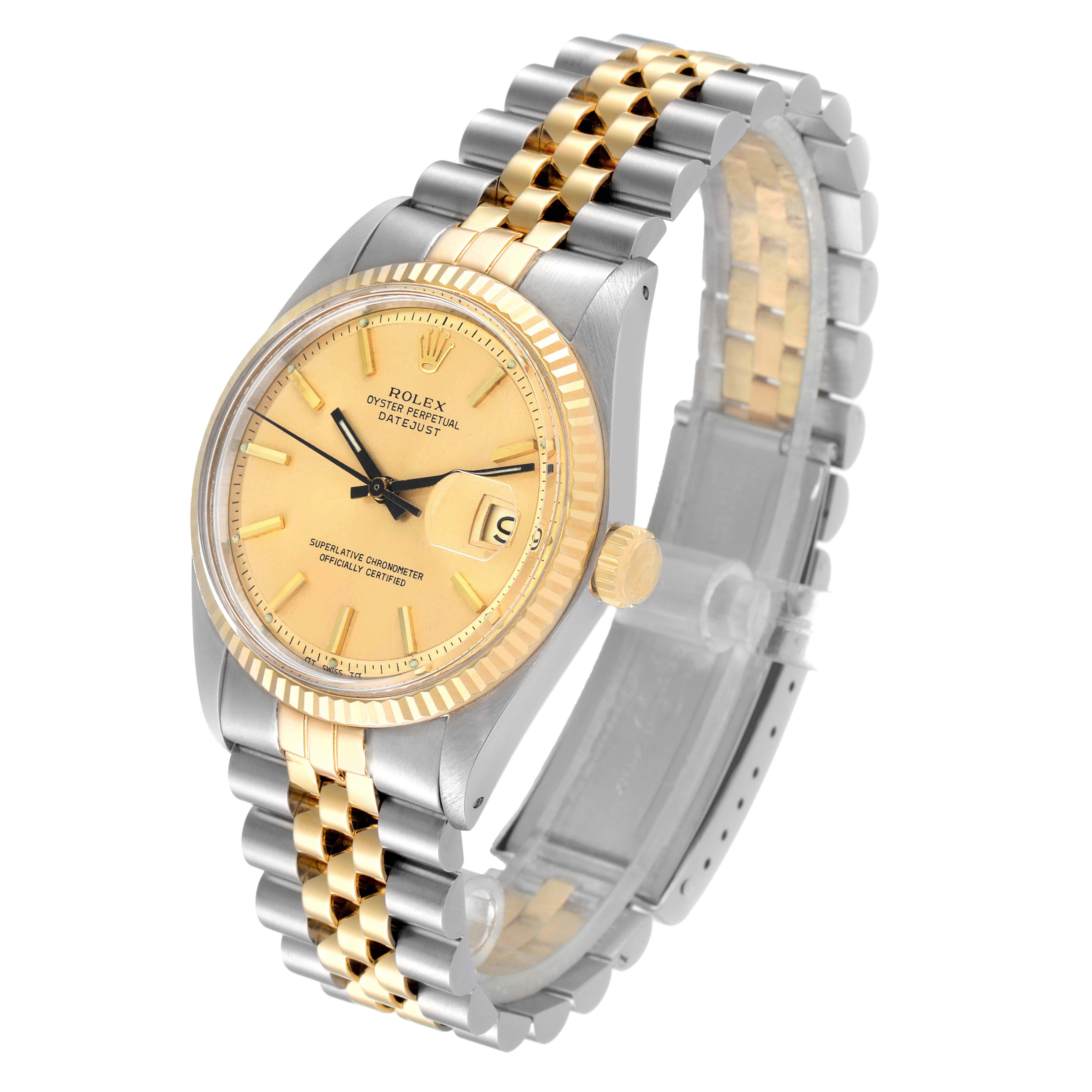 The image shows a side-angle view of a Rolex Vintage Collection 1601 Men's Steel and Gold (two tone) Champagne Dial 1601 Men's Steel and Gold (two tone) Champagne Dial watch, displaying its face and two-tone bracelet.