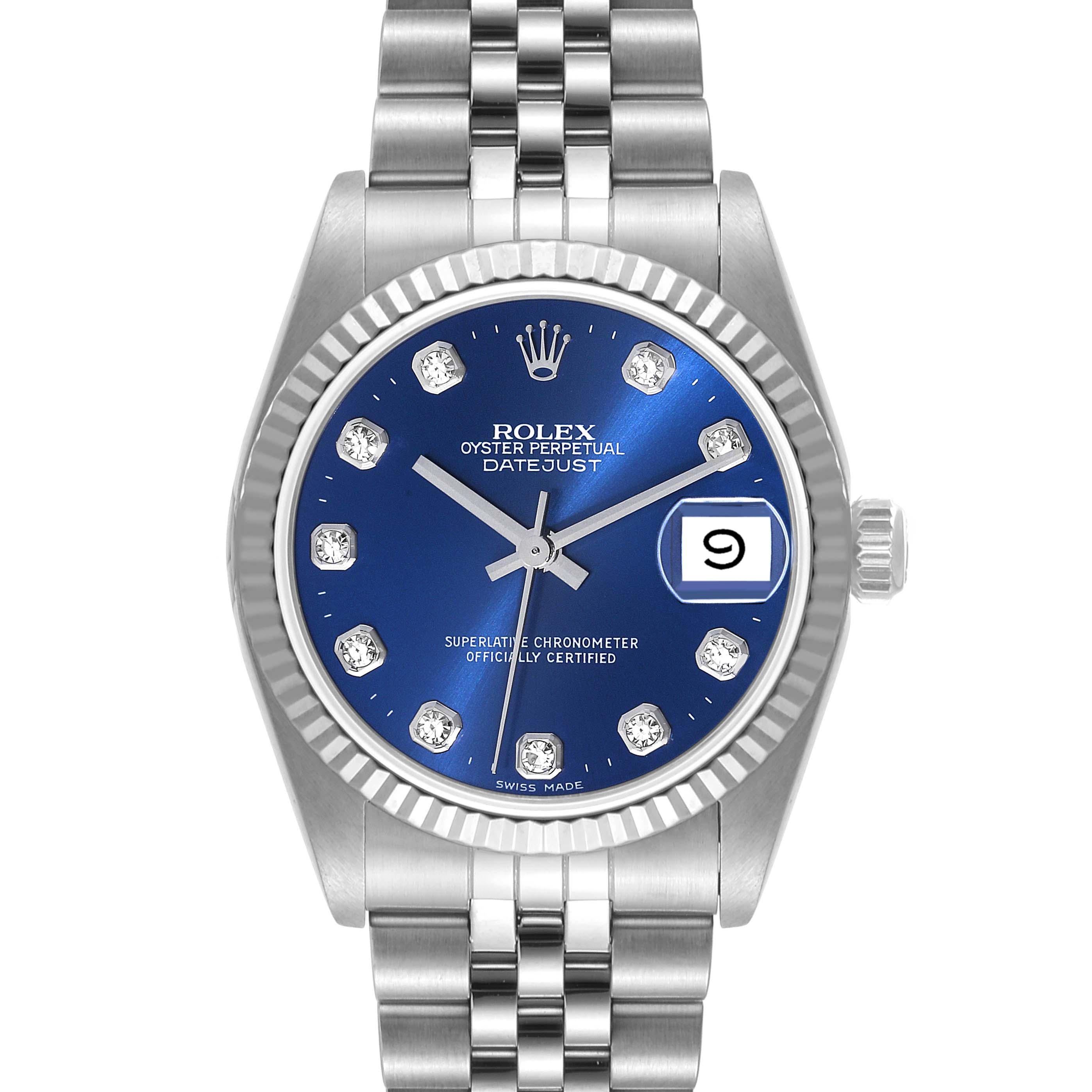 The Mid-Size Rolex Oyster Perpetual Datejust is shown from a top-down angle, showcasing its face, bezel, and bracelet.