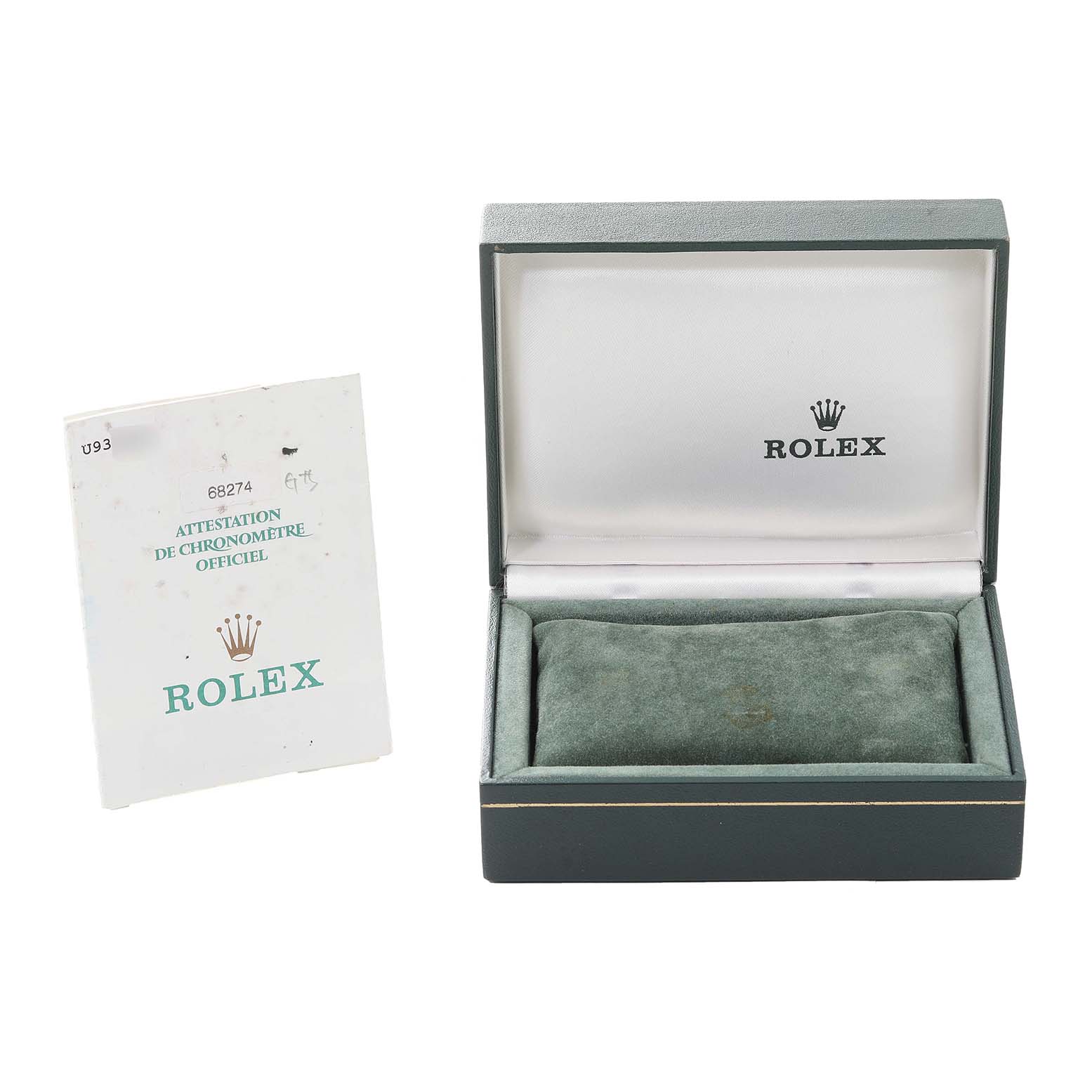 This image shows an empty Rolex Mid-Size 68274 Women's Stainless Steel Blue Dial 68274 Women's Stainless Steel Blue Dial model watch box and its official chronometer certificate.