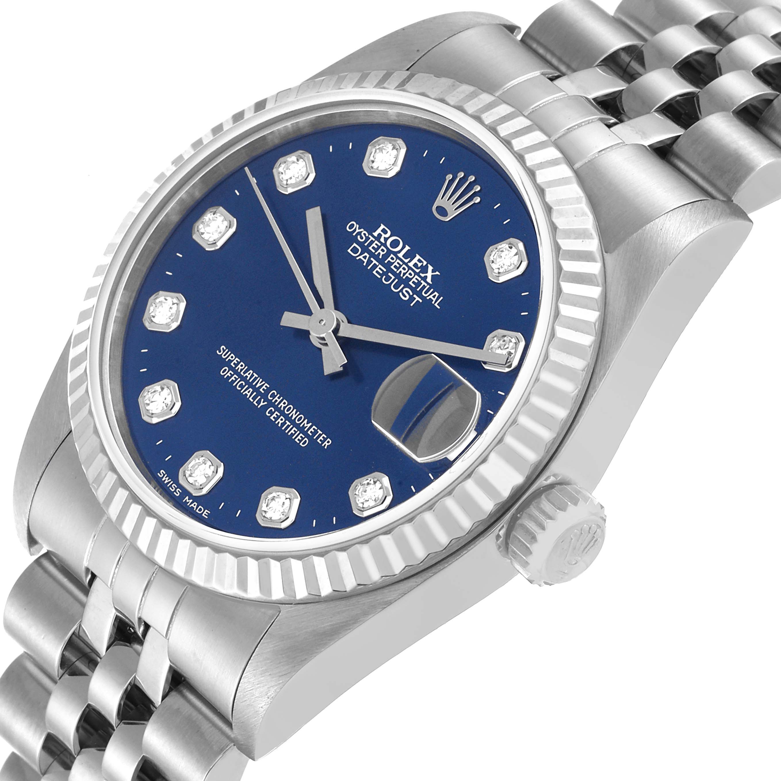 The image shows a Rolex Mid-Size 68274 Women's Stainless Steel Blue Dial 68274 Women's Stainless Steel Blue Dial Oyster Perpetual Datejust watch from a tilted side angle, highlighting the dial, bezel, and bracelet.