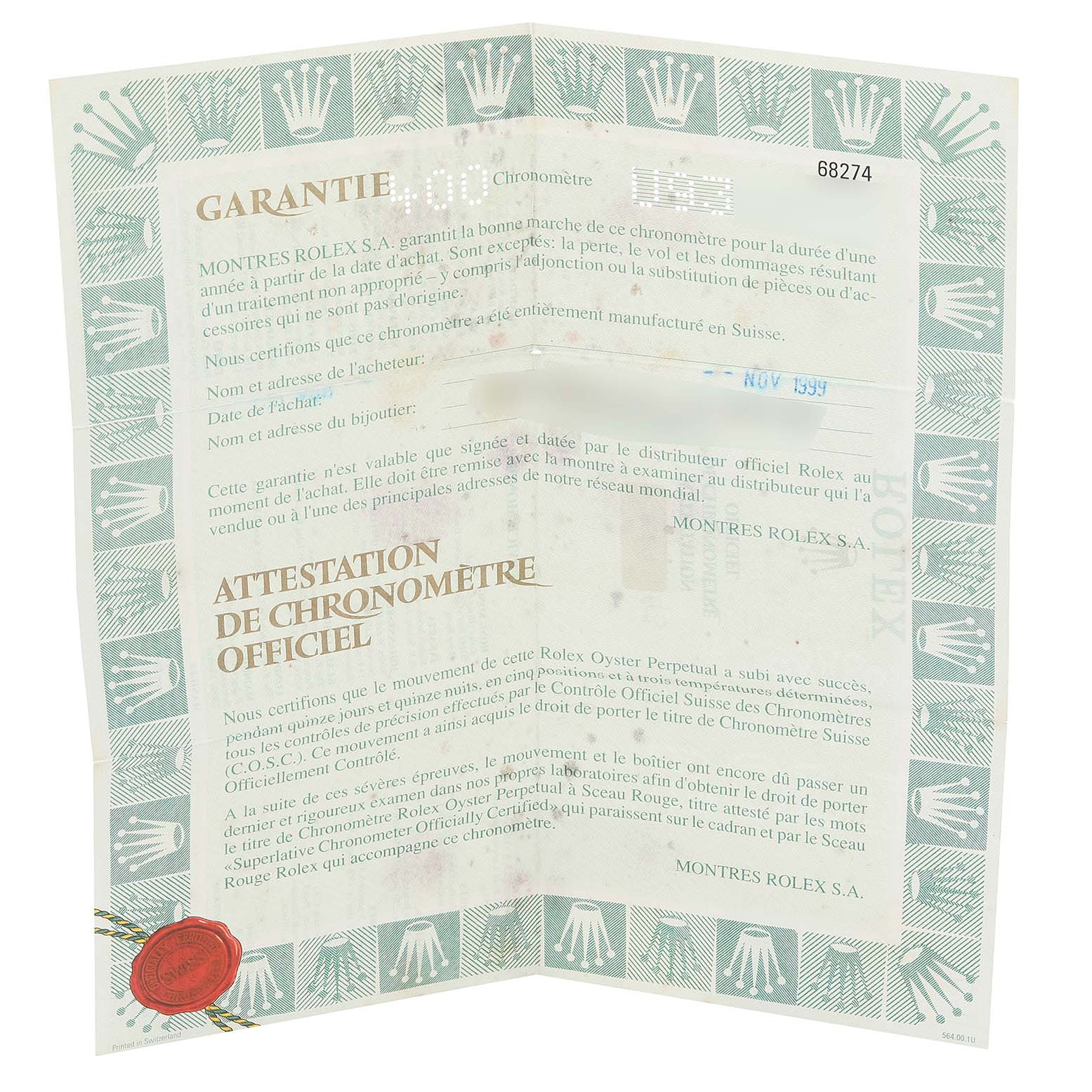 The image shows the official Rolex chronometer certificate and warranty for a Mid-Size model, with text in French.