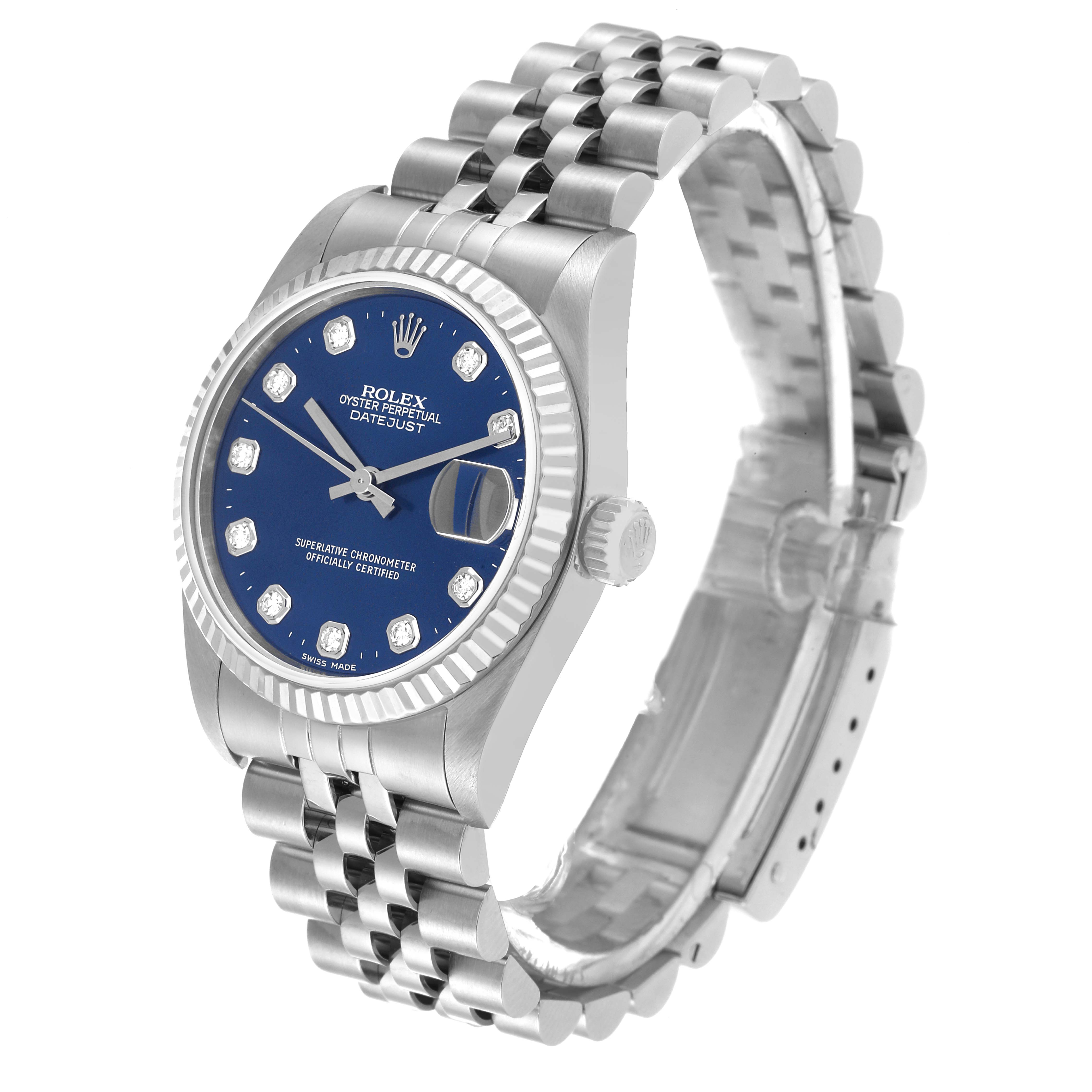 The Rolex Mid-Size 68274 Women's Stainless Steel Blue Dial 68274 Women's Stainless Steel Blue Dial Datejust watch is shown at a three-quarter angle, featuring the face, bezel, crown, and jubilee bracelet.