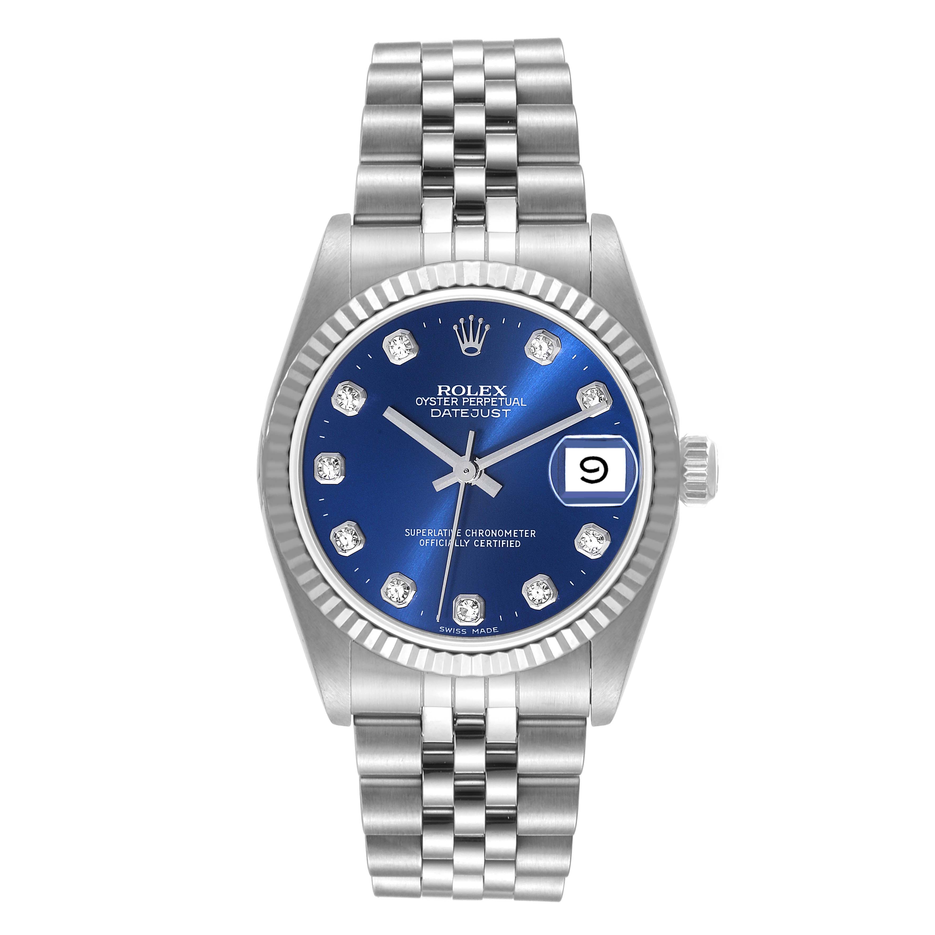 This image shows a front view of a Rolex Oyster Perpetual Datejust Mid-Size watch with a blue dial and stainless steel bracelet.