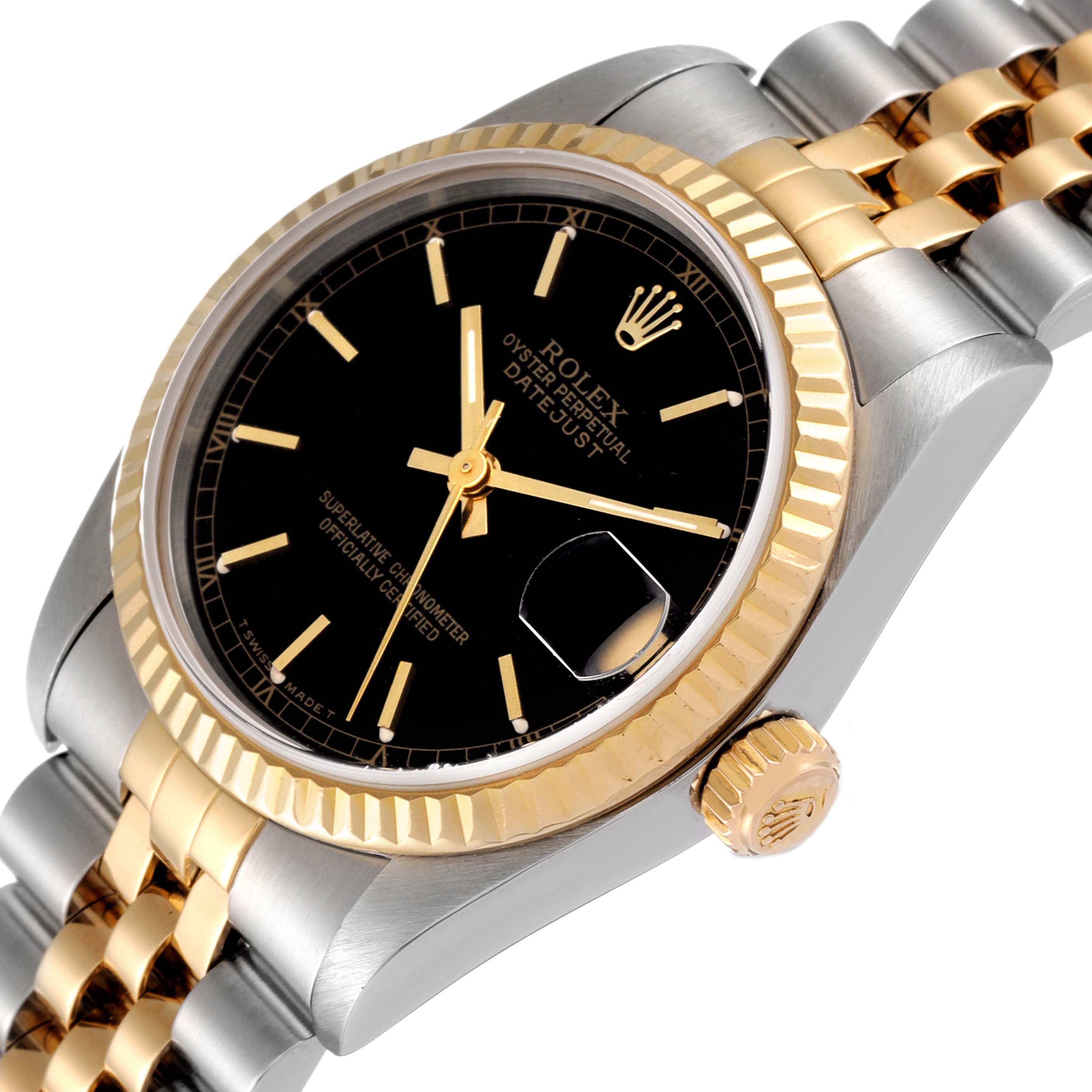 This image shows a close-up of the Rolex Mid-Size 68273 Women
s Steel and Gold (two tone) Black Dial 68273 Women
s Steel and Gold (two tone) Black Dial Datejust watch with a black dial, gold bezel, and two-tone bracelet.