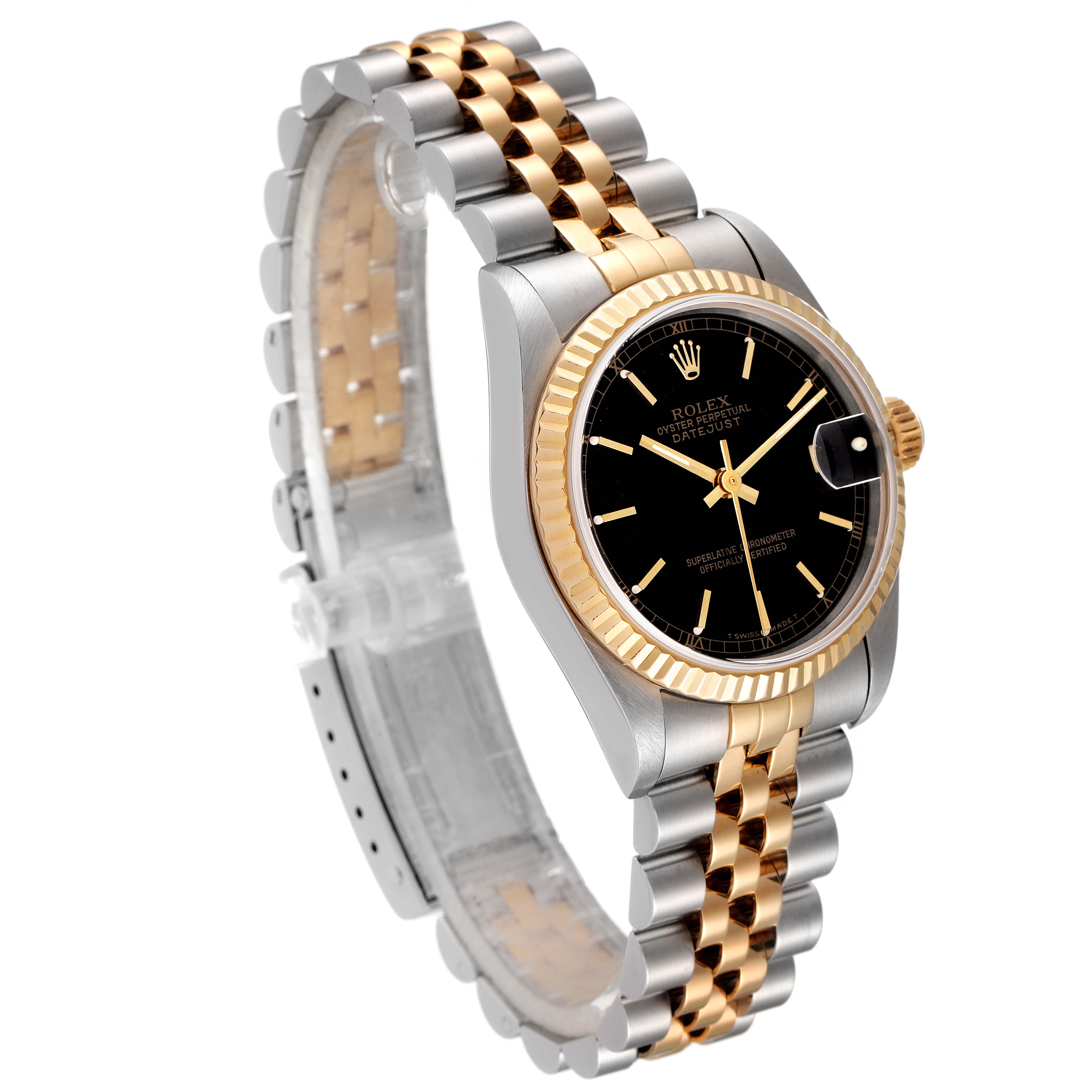 The Rolex Mid-Size 68273 Women
s Steel and Gold (two tone) Black Dial 68273 Women
s Steel and Gold (two tone) Black Dial model is shown at a slight angle, highlighting the black dial, two-tone bracelet, fluted bezel, and crown.