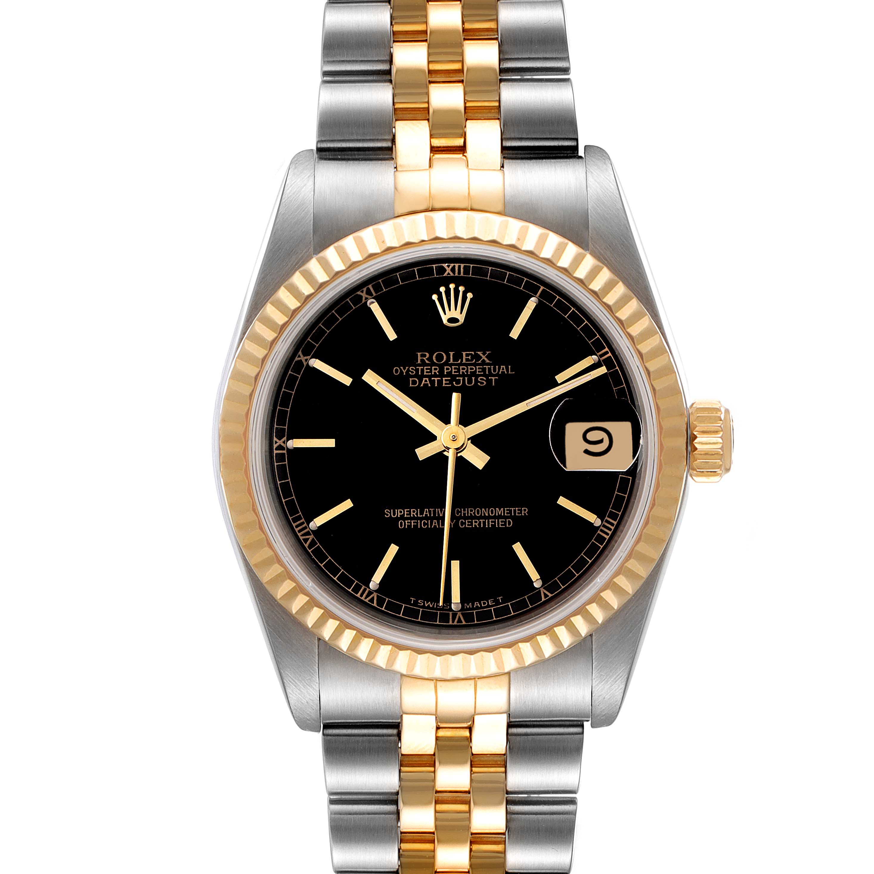 This Rolex Datejust Mid-Size watch is shown from the front, highlighting its black dial, date window, and two-tone bracelet.