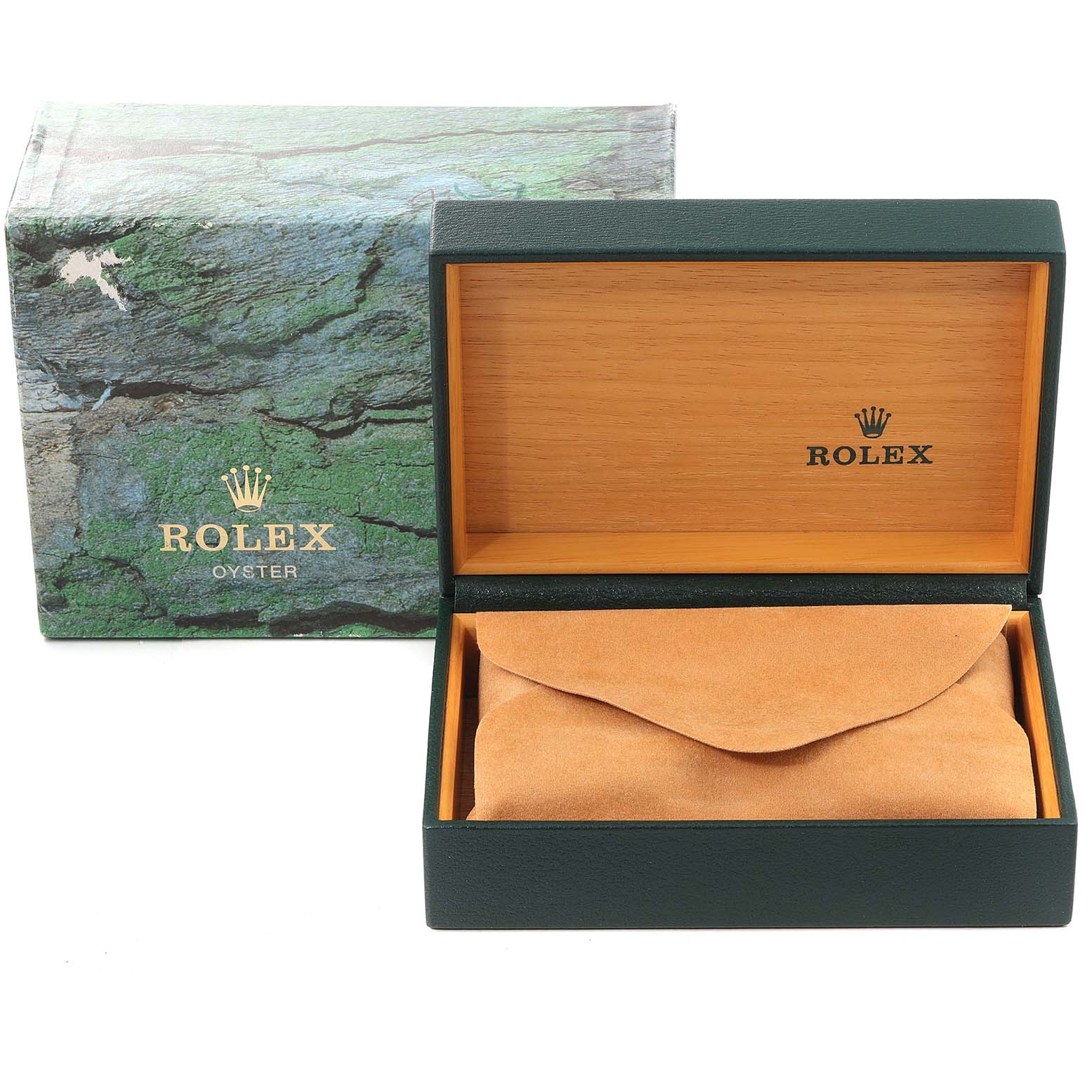 The image shows the box and inner case for a Rolex Mid-Size 68273 Women
s Steel and Gold (two tone) Black Dial 68273 Women
s Steel and Gold (two tone) Black Dial model watch, with the box open revealing a suede pouch inside.
