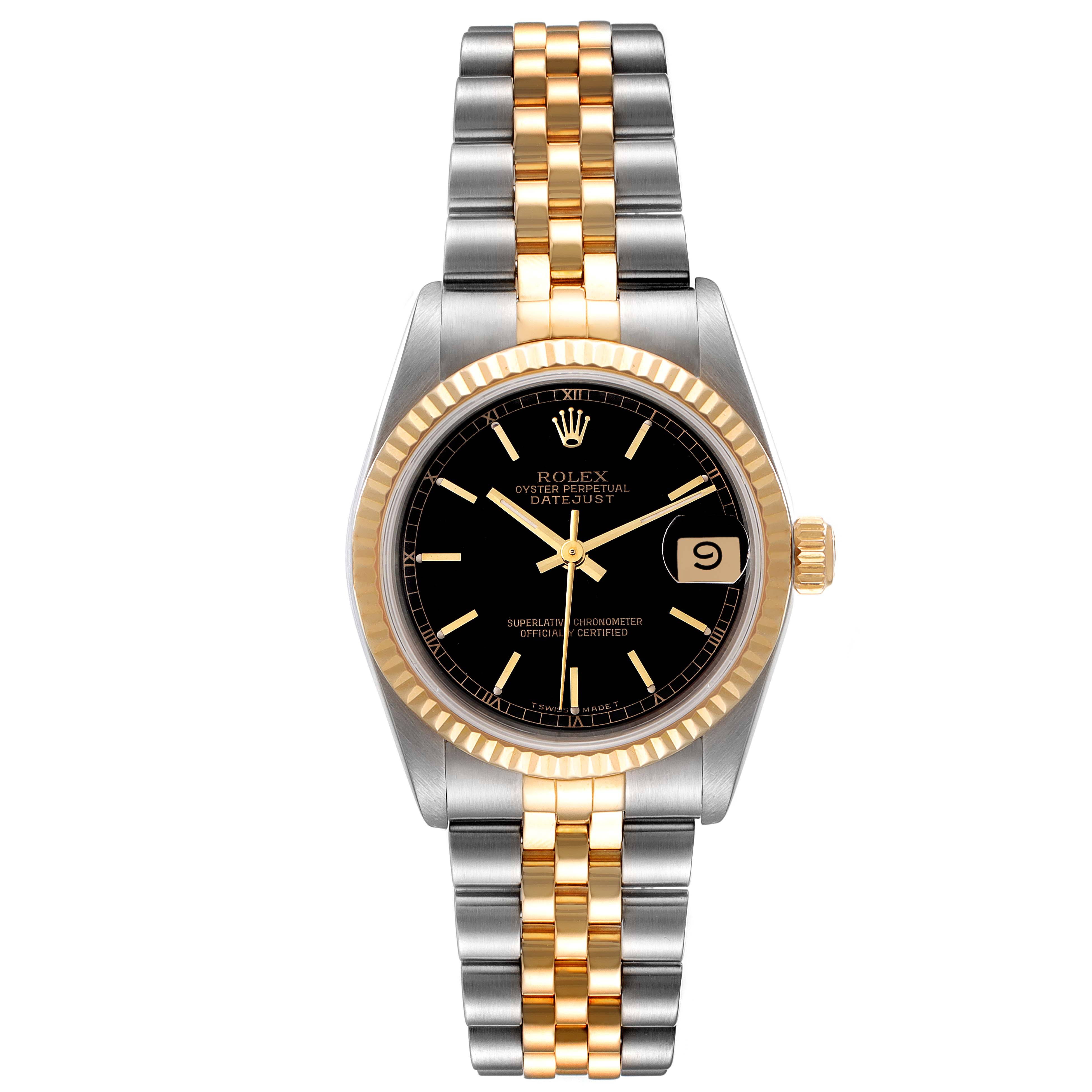 The image shows a Rolex Mid-Size 68273 Women
s Steel and Gold (two tone) Black Dial 68273 Women
s Steel and Gold (two tone) Black Dial Oyster Perpetual Datejust watch with a two-tone bracelet and black dial, viewed from the front.