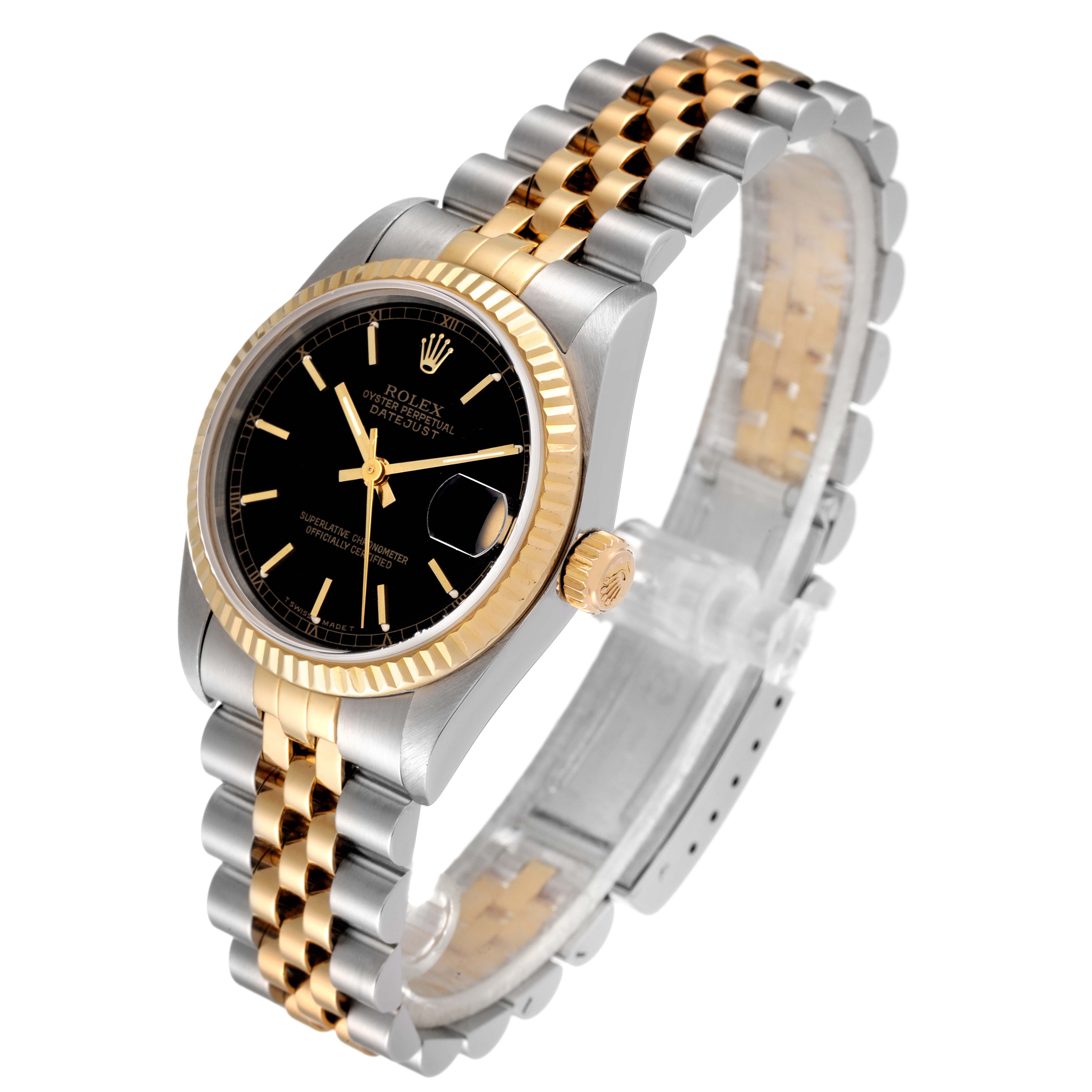 The image shows a Rolex Mid-Size 68273 Women
s Steel and Gold (two tone) Black Dial 68273 Women
s Steel and Gold (two tone) Black Dial model watch from an angled side view, displaying its black dial, gold bezel, and gold and silver bracelet.