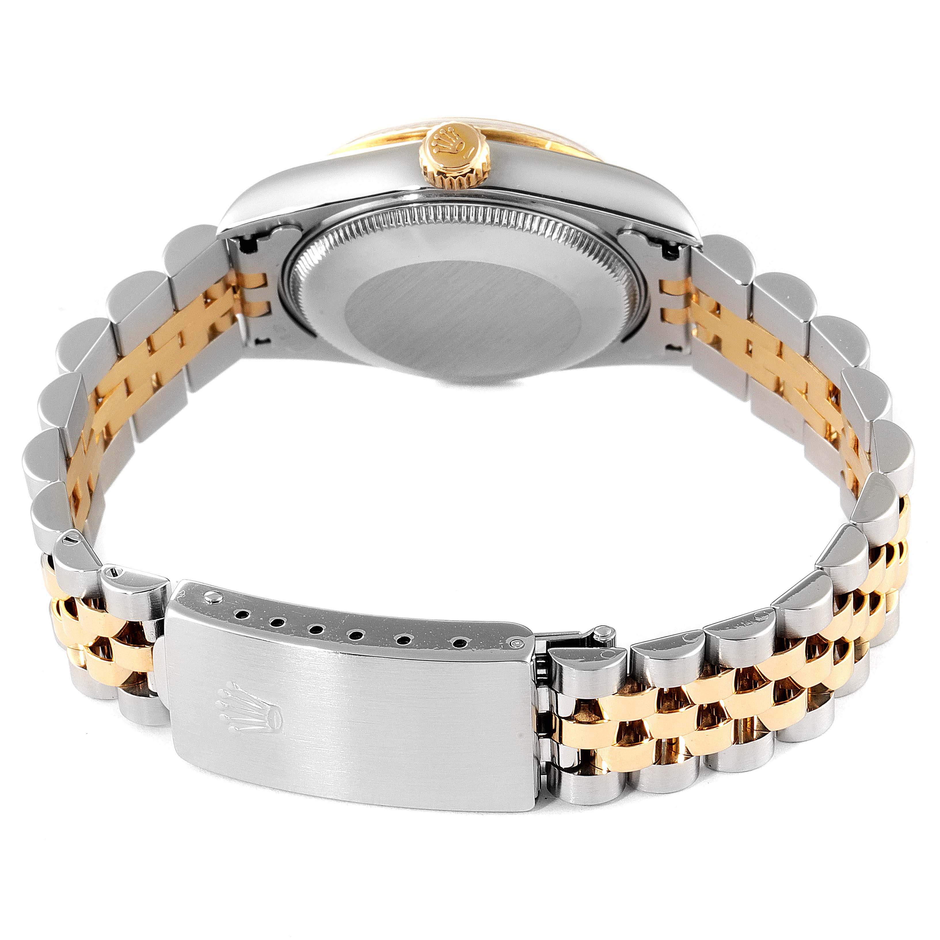 The image shows the back of a Mid-Size Rolex watch, highlighting its two-tone bracelet and clasp.