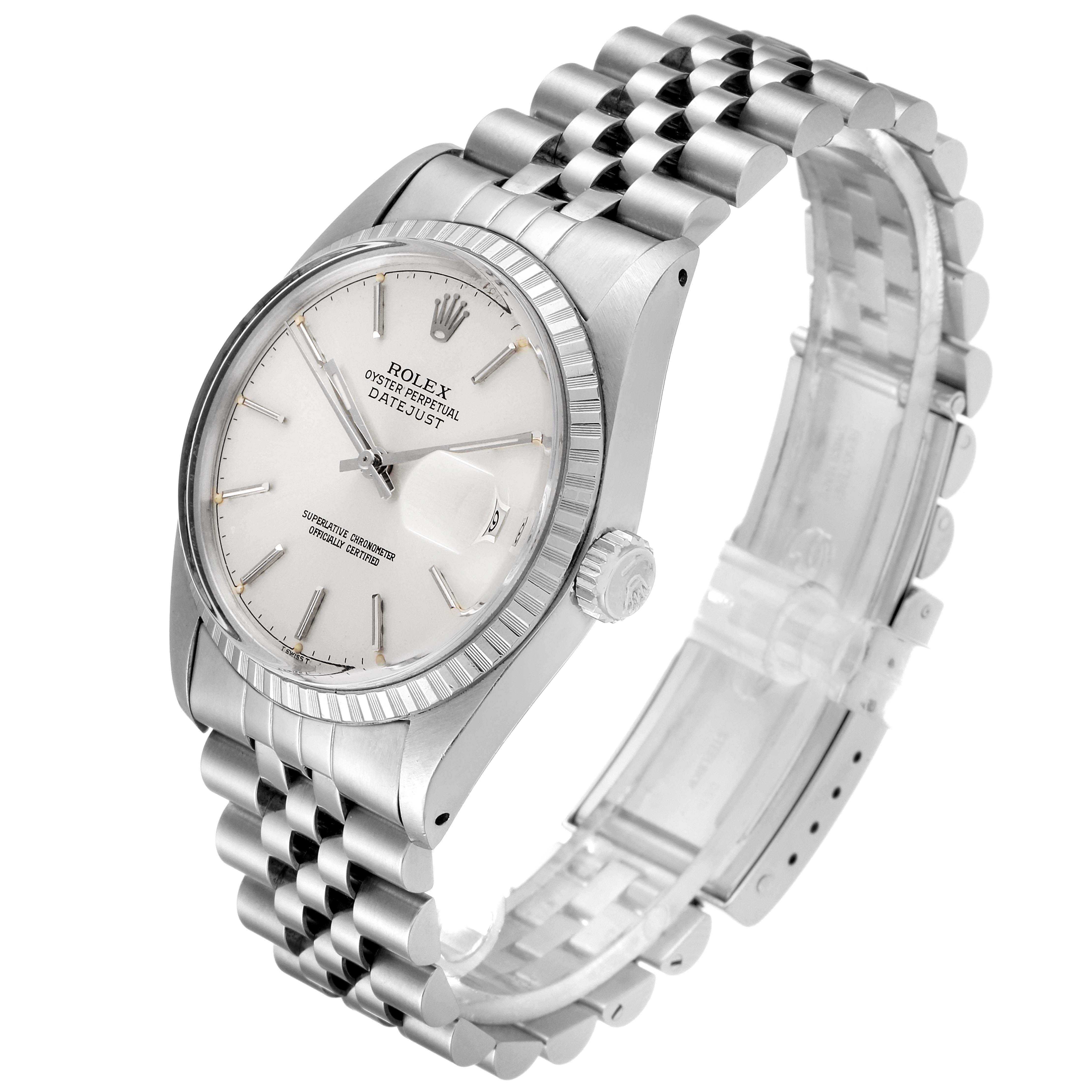 This image shows the face and side of the Rolex Vintage Collection 16030 Men's Stainless Steel Silver Dial 16030 Men's Stainless Steel Silver Dial Oyster Perpetual Datejust watch, displaying its bracelet and crown.
