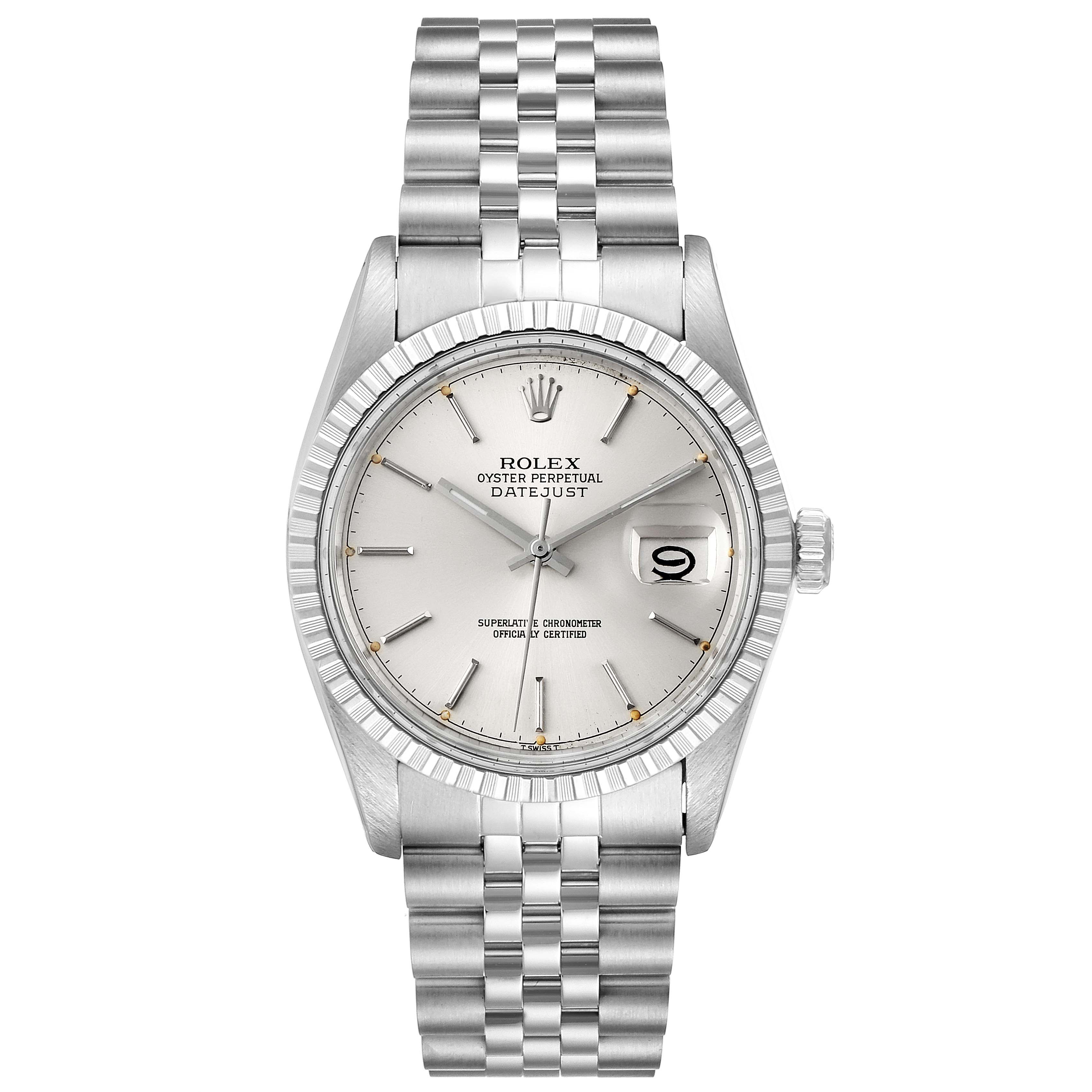 This image shows a front view of a Rolex Vintage Collection 16030 Men's Stainless Steel Silver Dial 16030 Men's Stainless Steel Silver Dial Oyster Perpetual Datejust watch, displaying its silver dial and stainless steel bracelet.