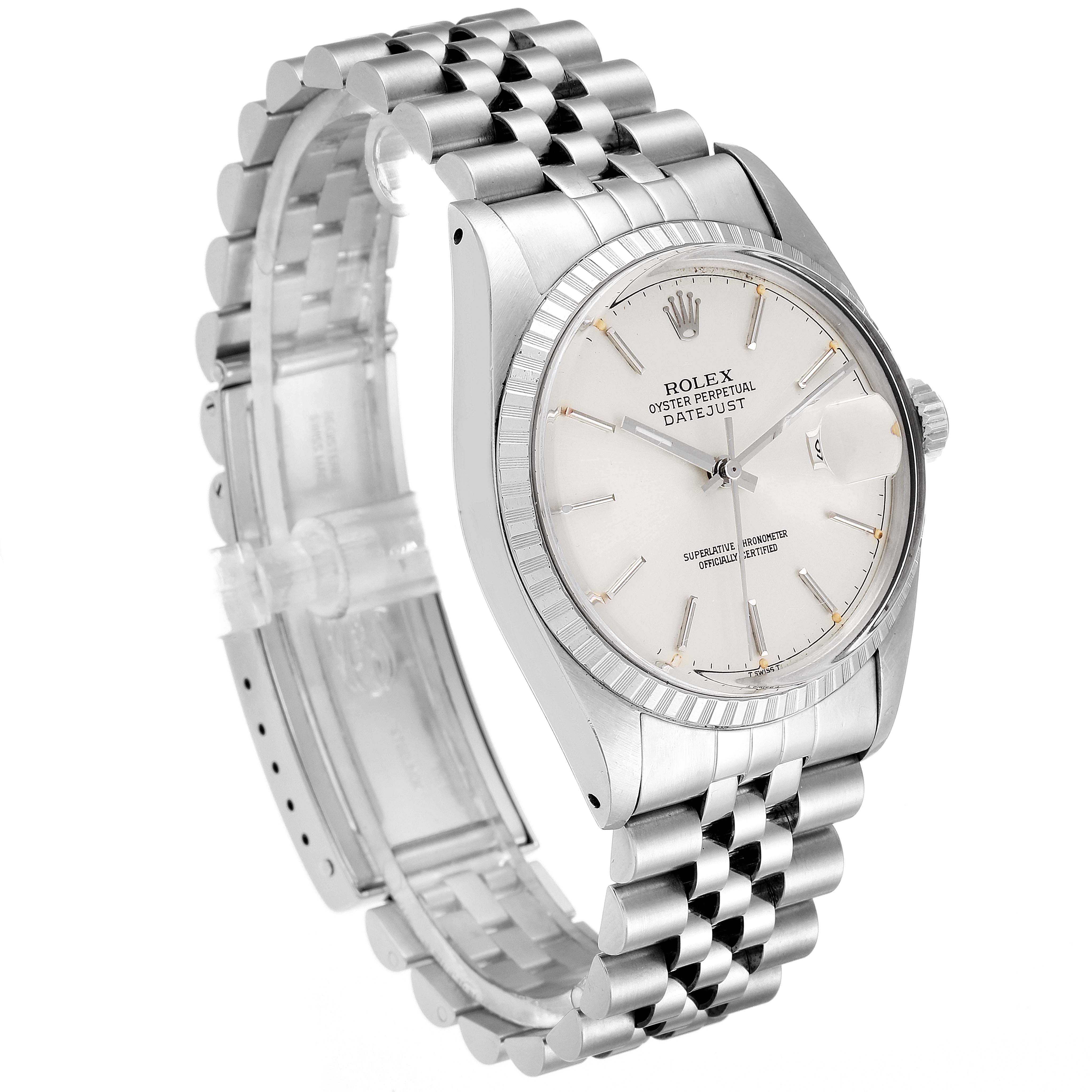 The image shows a side-angle view of the Rolex Vintage Collection 16030 Men's Stainless Steel Silver Dial 16030 Men's Stainless Steel Silver Dial Datejust model, showcasing its bracelet, case, and dial.
