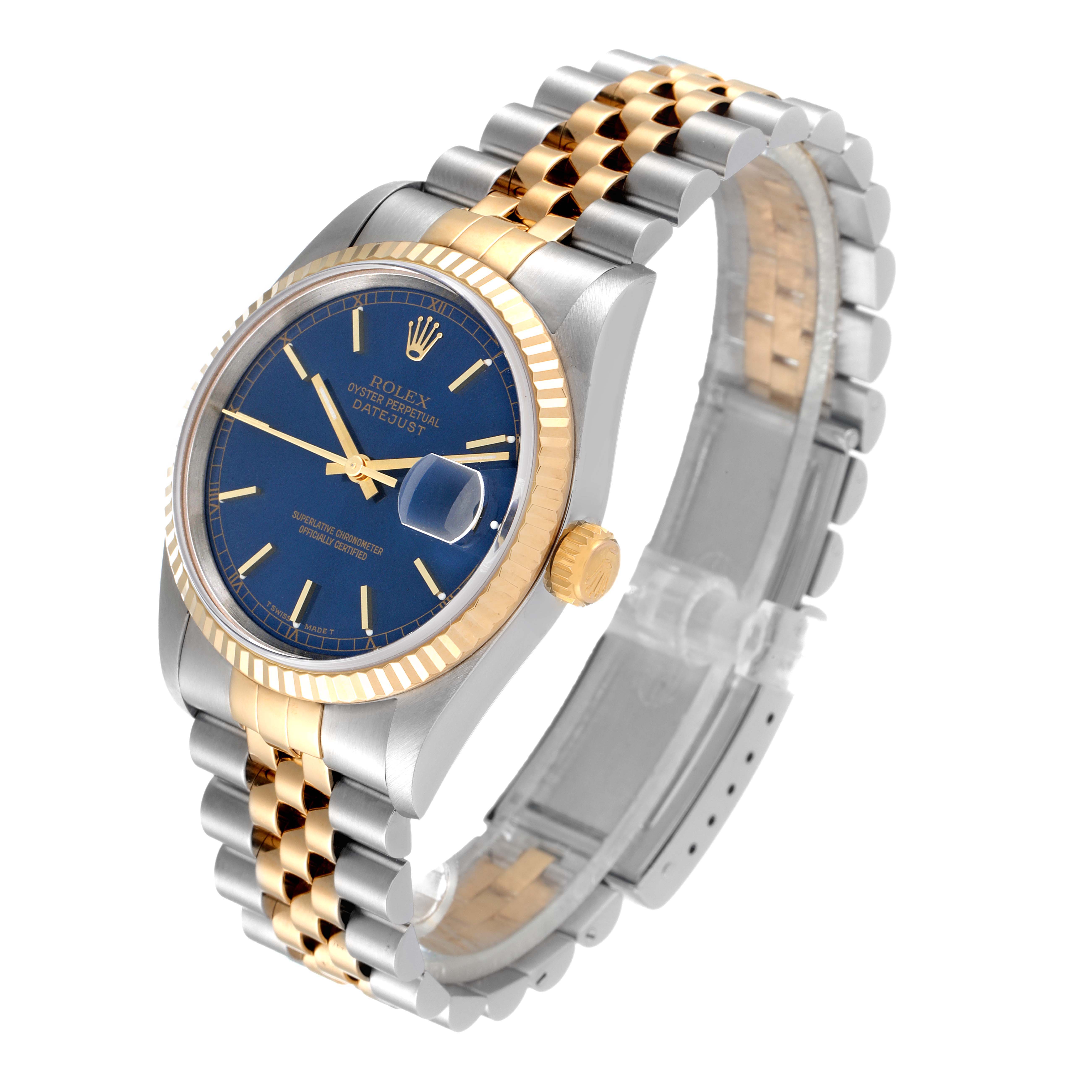 This image shows a Rolex Datejust 16233 Men's Steel and Gold (two tone) Blue Dial 16233 Men's Steel and Gold (two tone) Blue Dial model watch at a three-quarter angle, highlighting its face, bezel, crown, and bracelet.