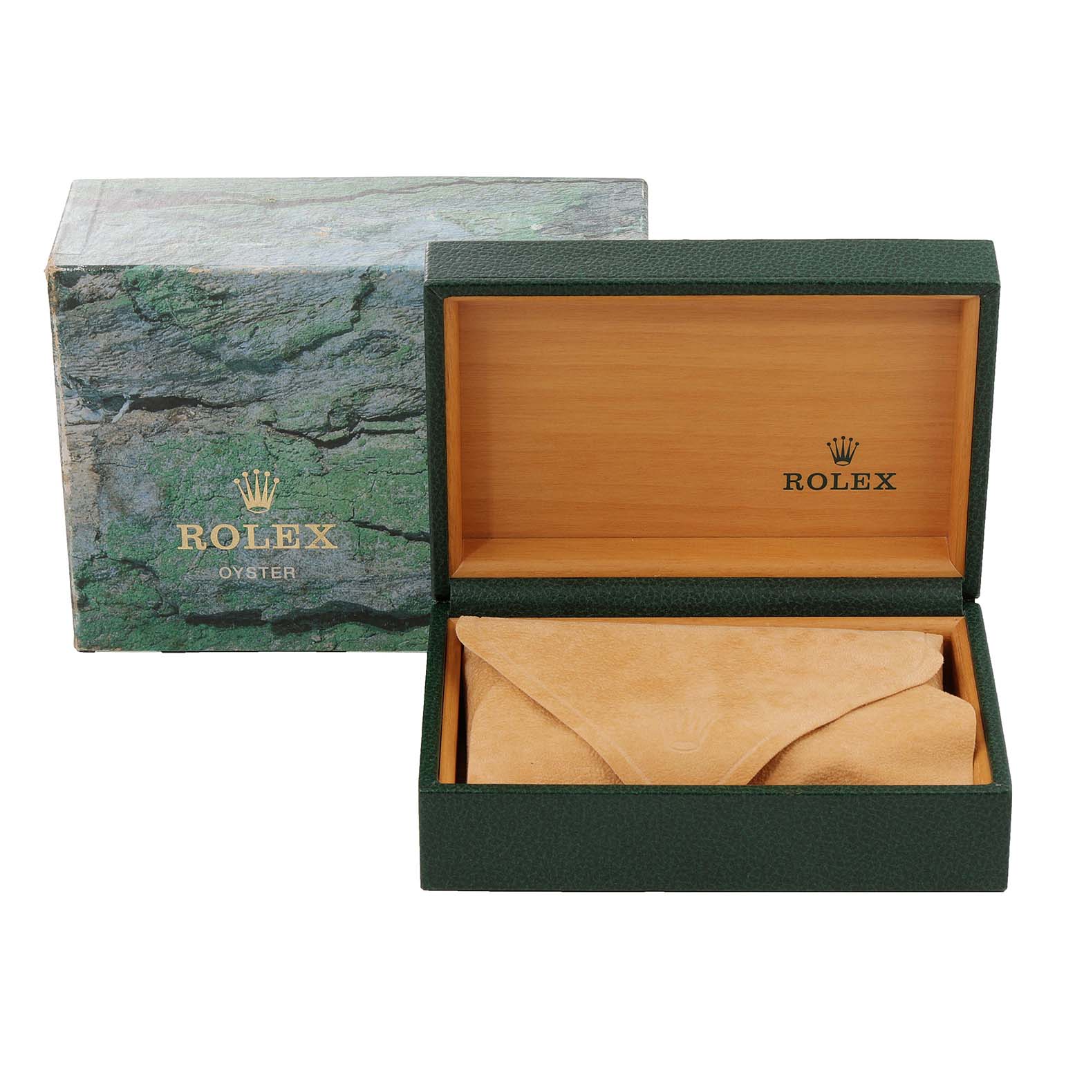 The image shows the packaging for a Rolex Datejust 16233 Men's Steel and Gold (two tone) Blue Dial 16233 Men's Steel and Gold (two tone) Blue Dial watch, including a green Rolex box, an inner wooden box, and a suede pouch.